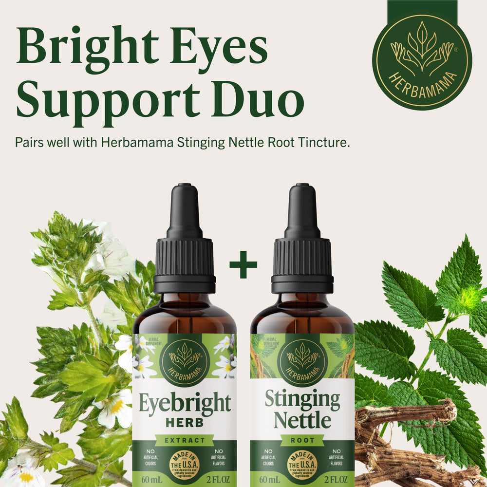 Herbamama Eyebright tincture shows a simple three-ingredient formula for transparency.