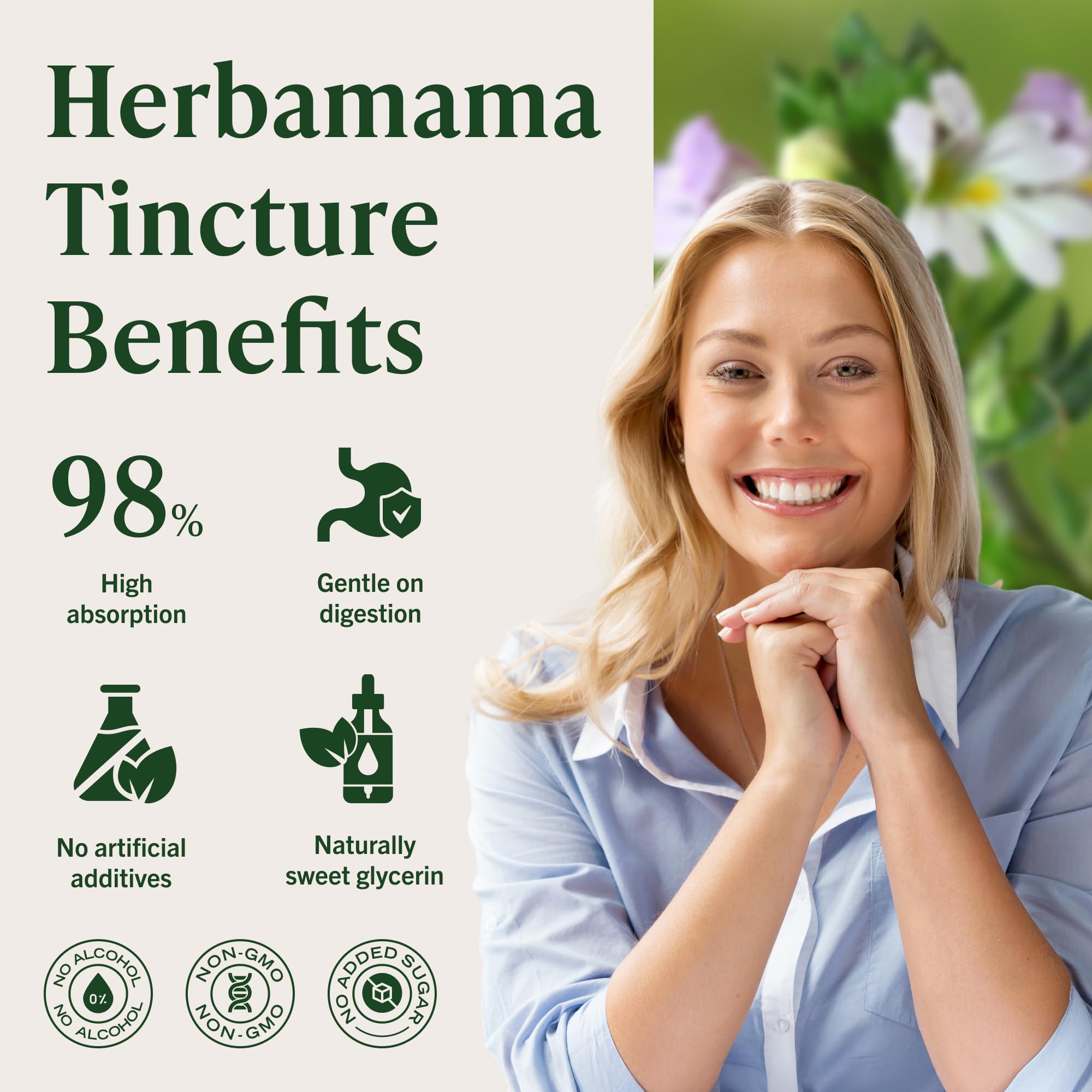 Herbamama Eyebright tincture packaging emphasizes vegan, non-GMO ingredients for clean living.