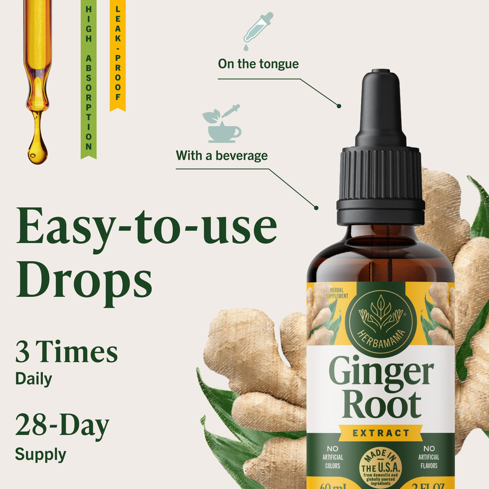 HERBAMAMA Ginger Drops emphasis on alcohol-free, sugar-free vegan formula.