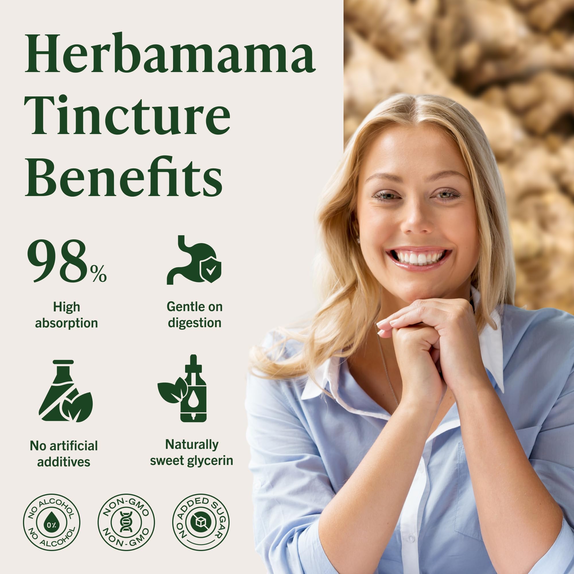 HERBAMAMA Ginger Drops bottle label shows non-GMO and alcohol-free virtues.