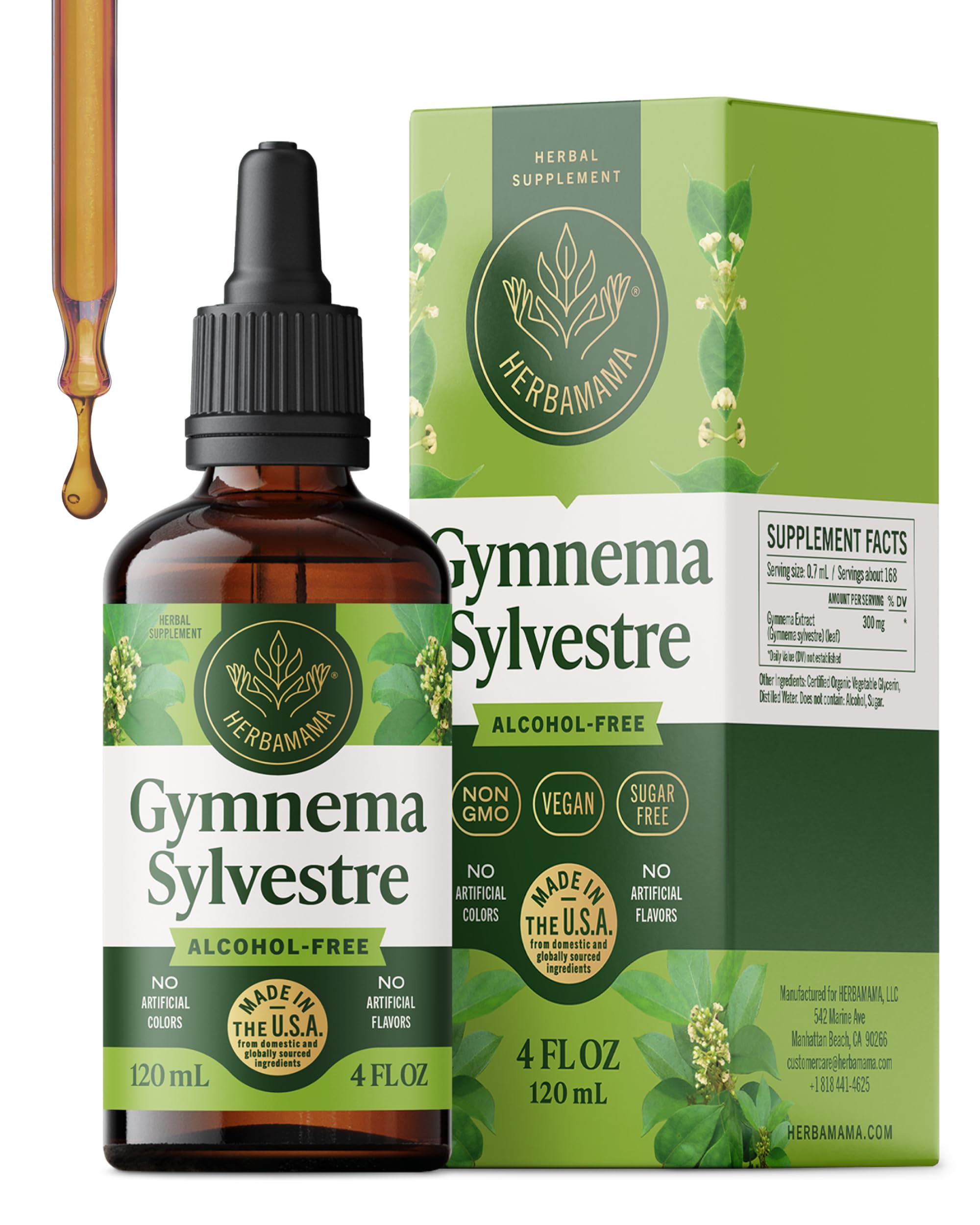 Herbamama Gymnema Drops bottle on wood shows vegan antioxidant support.