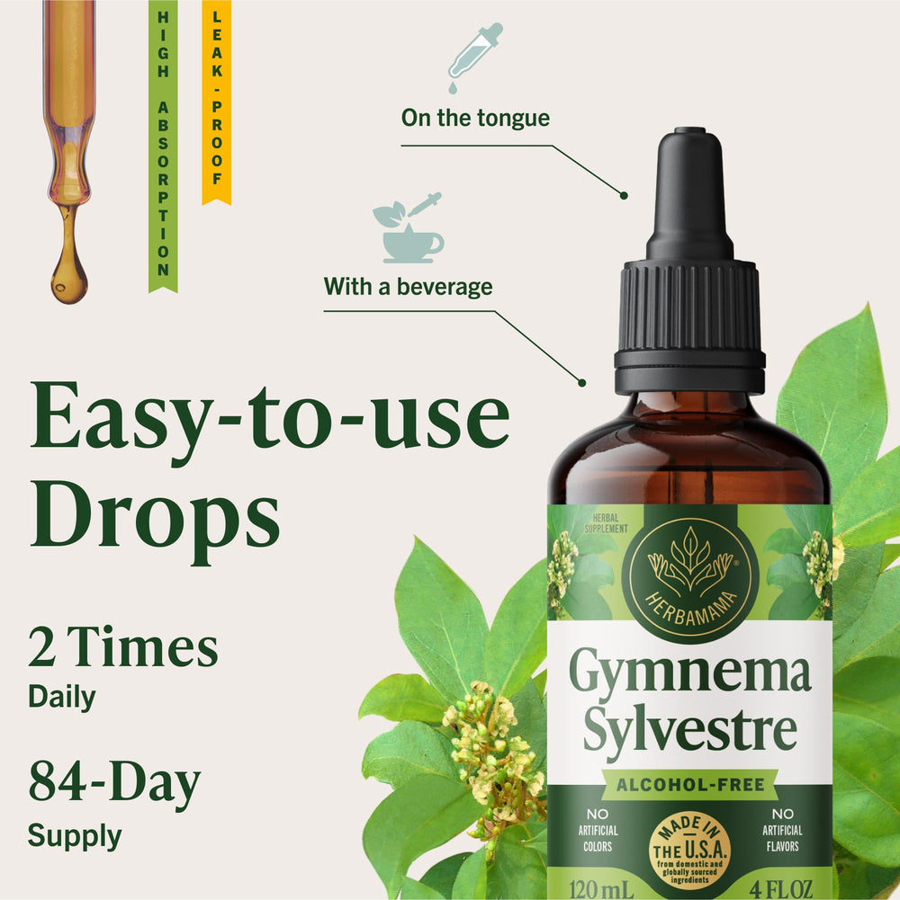 Herbamama Gymnema Drops packaging on a clean surface.