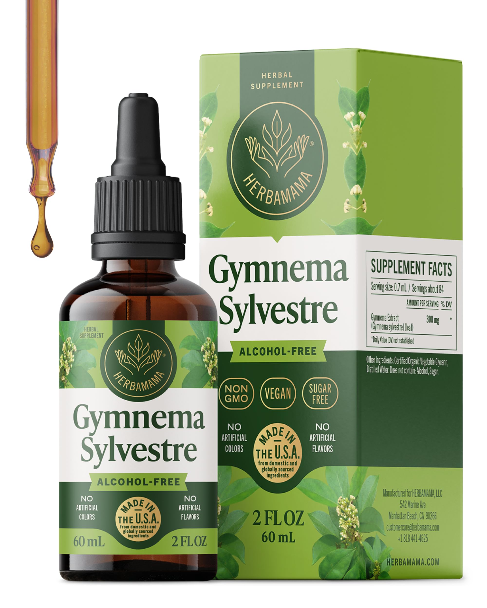 HERBAMAMA Gymnema Sylvestre Drops bottle shows vegan, non-GMO formula for wellness.