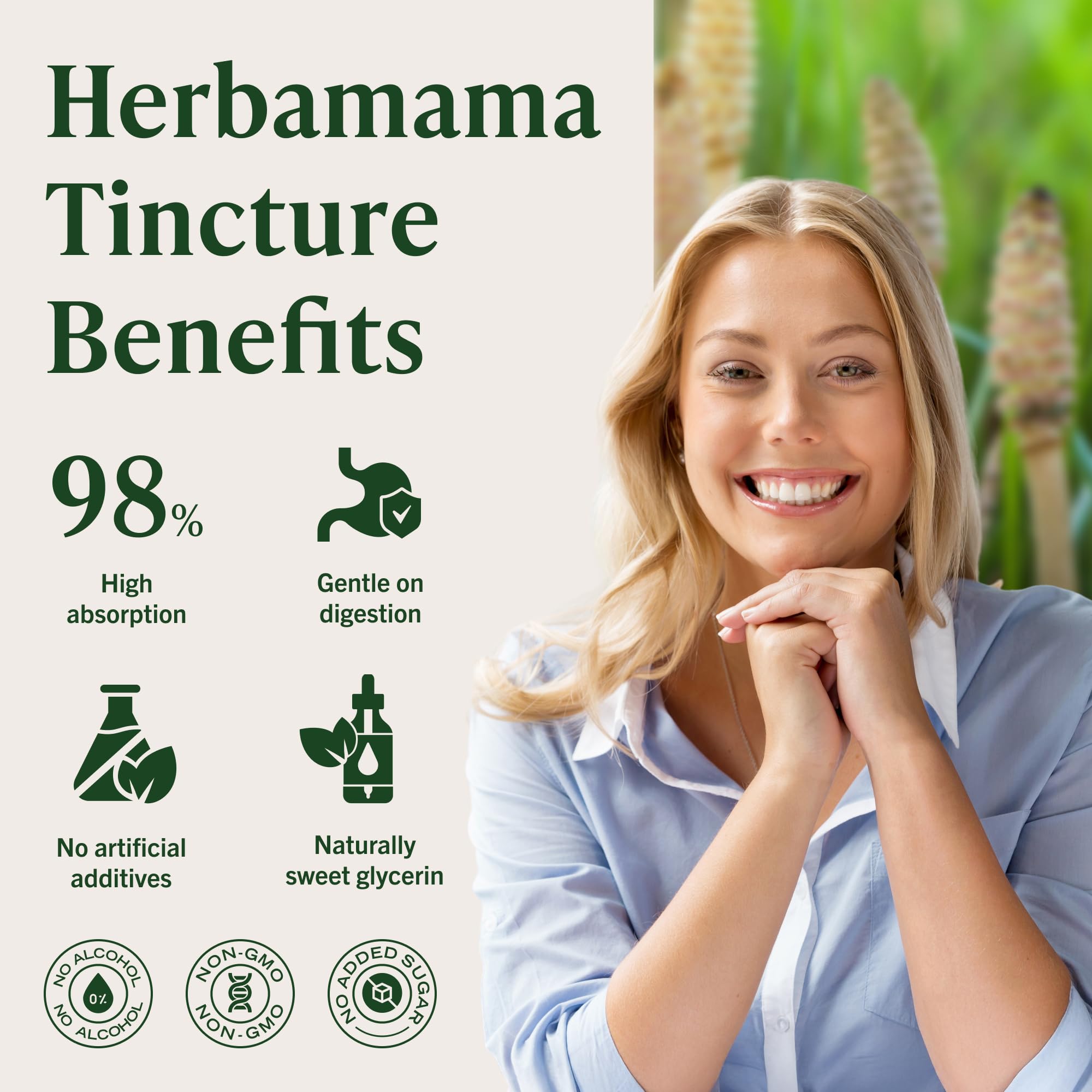 HERBAMAMA Horsetail bottle under tongue use suggests quick, sugar-free administration