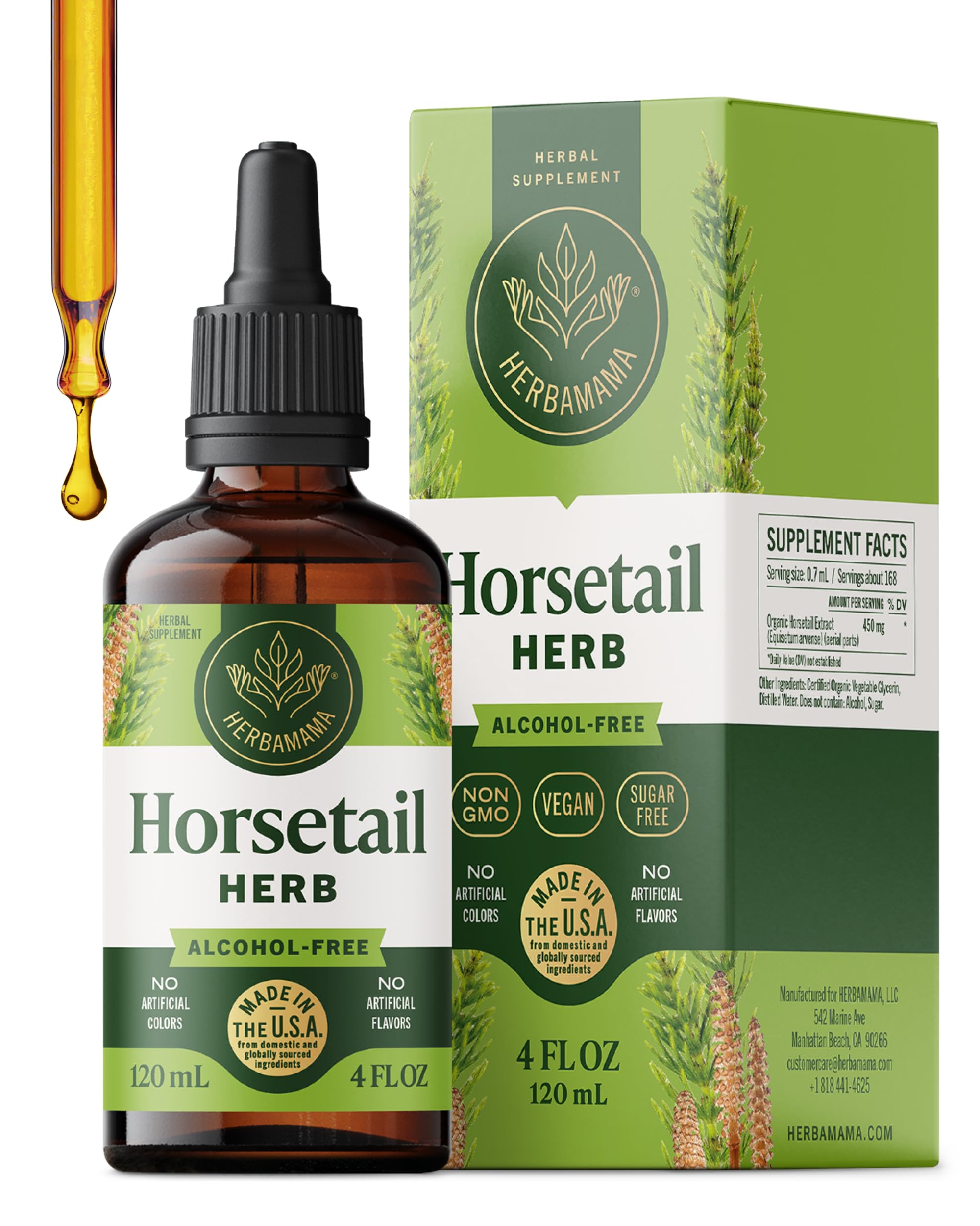 HERBAMAMA Horsetail drops bottle showing vegan, alcohol-free formula for hair, nails, and skin