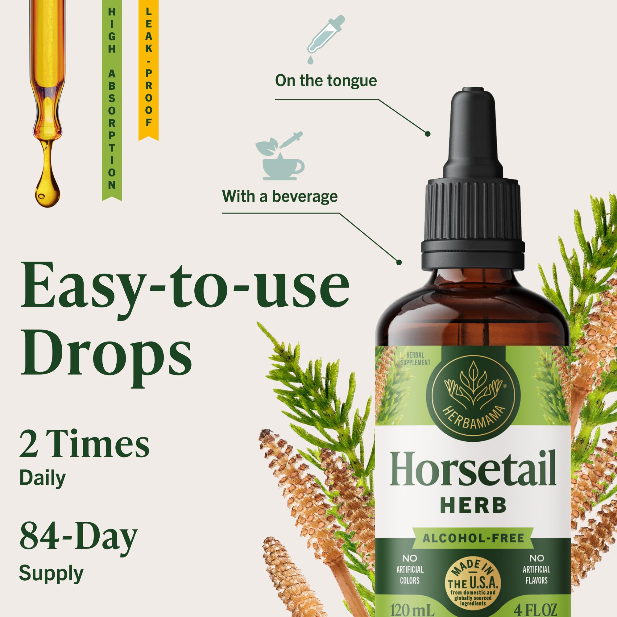 HERBAMAMA Horsetail label close-up emphasizes vegan, non-GMO promise