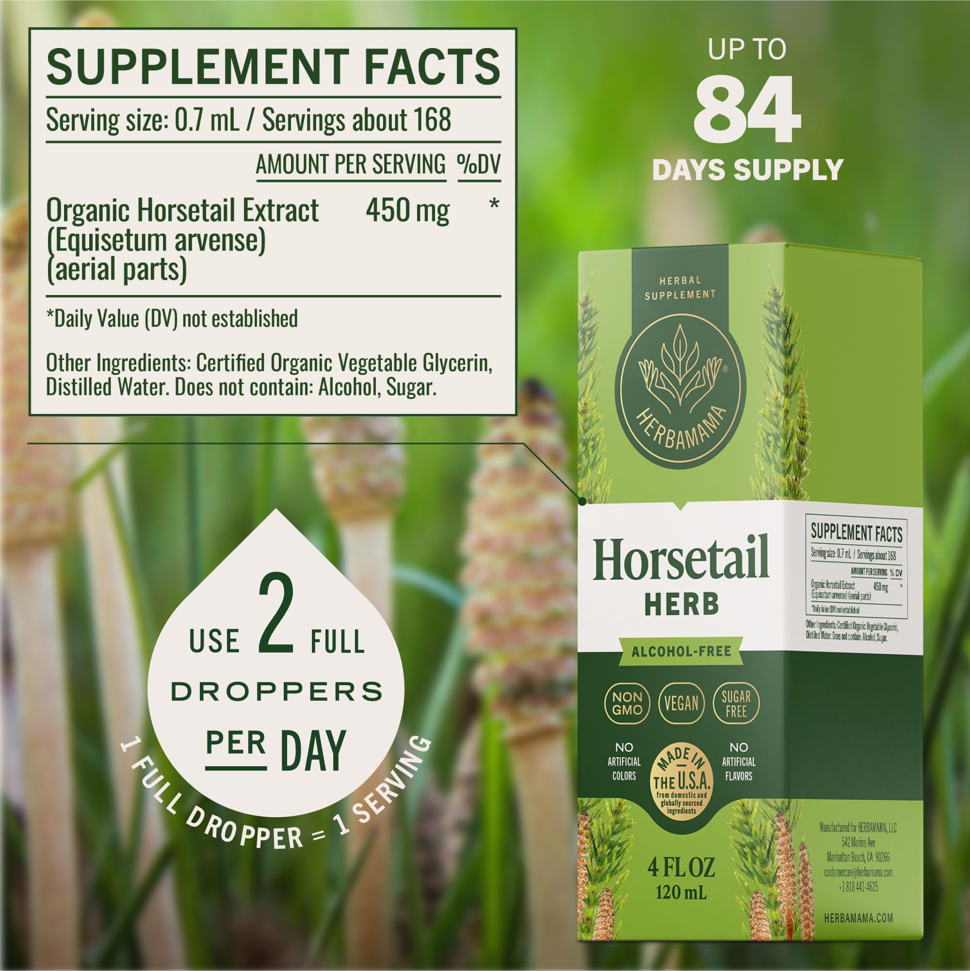 HERBAMAMA Horsetail tincture ingredients highlight three-ingredient formula with glycerin and water