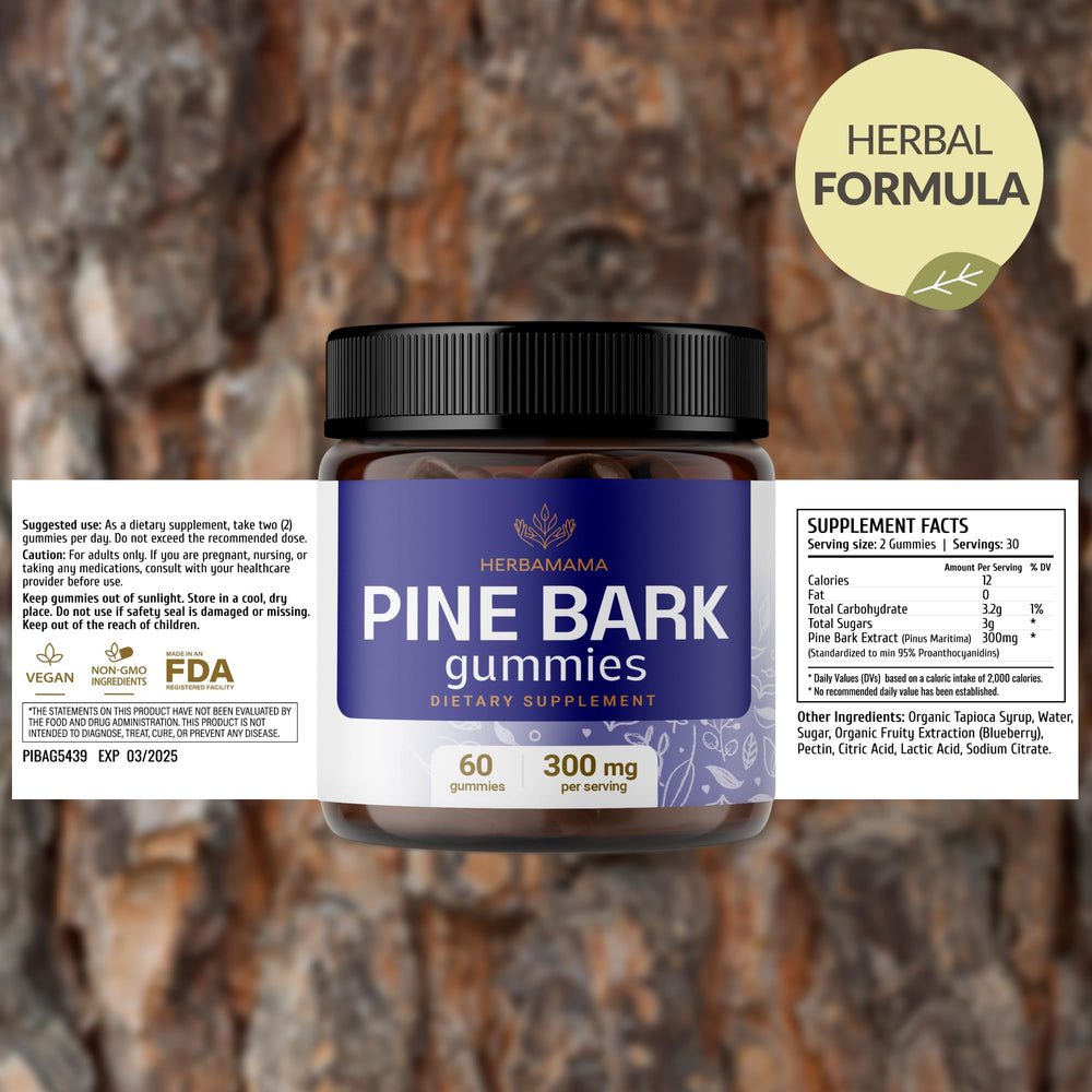 Ingredients panel on HERBAMAMA Pine Bark Gummies packaging