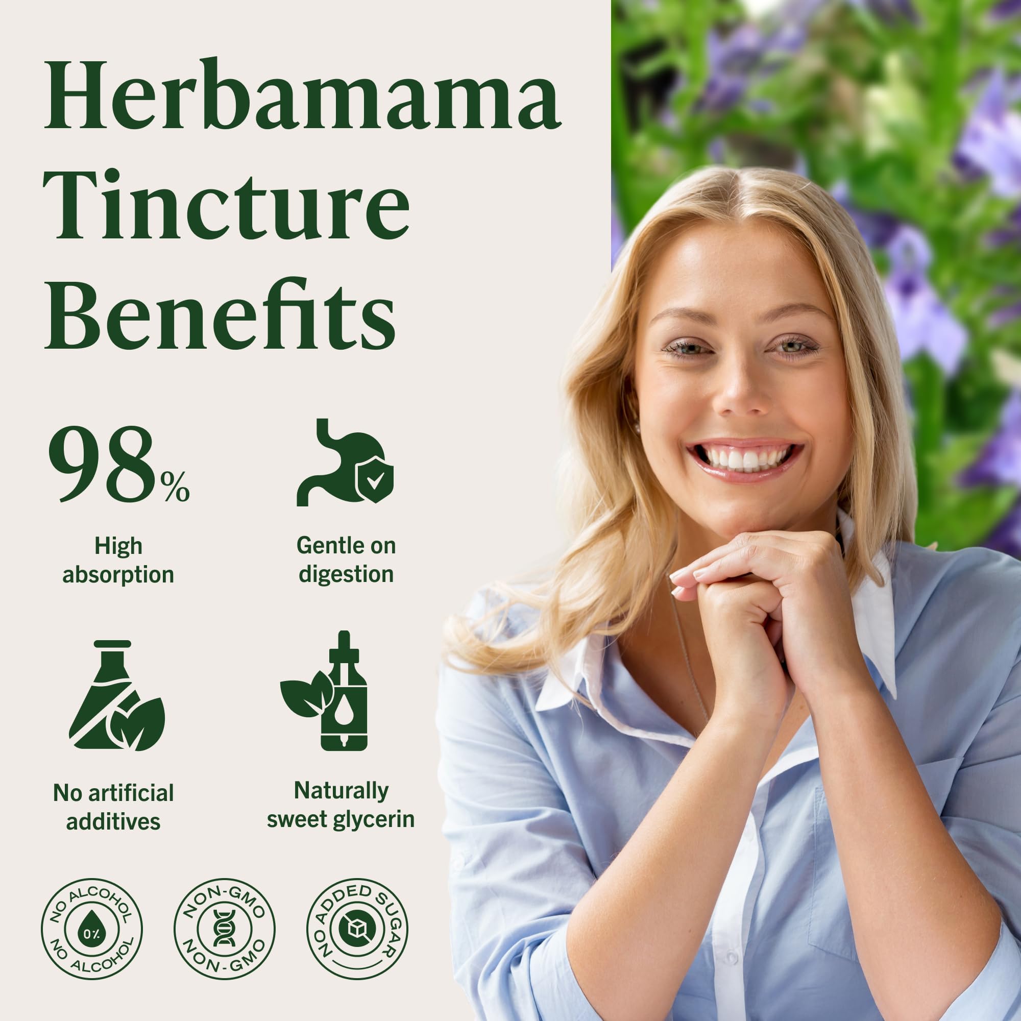Herbamama label shows alcohol-free and non-GMO features for conscious shoppers.