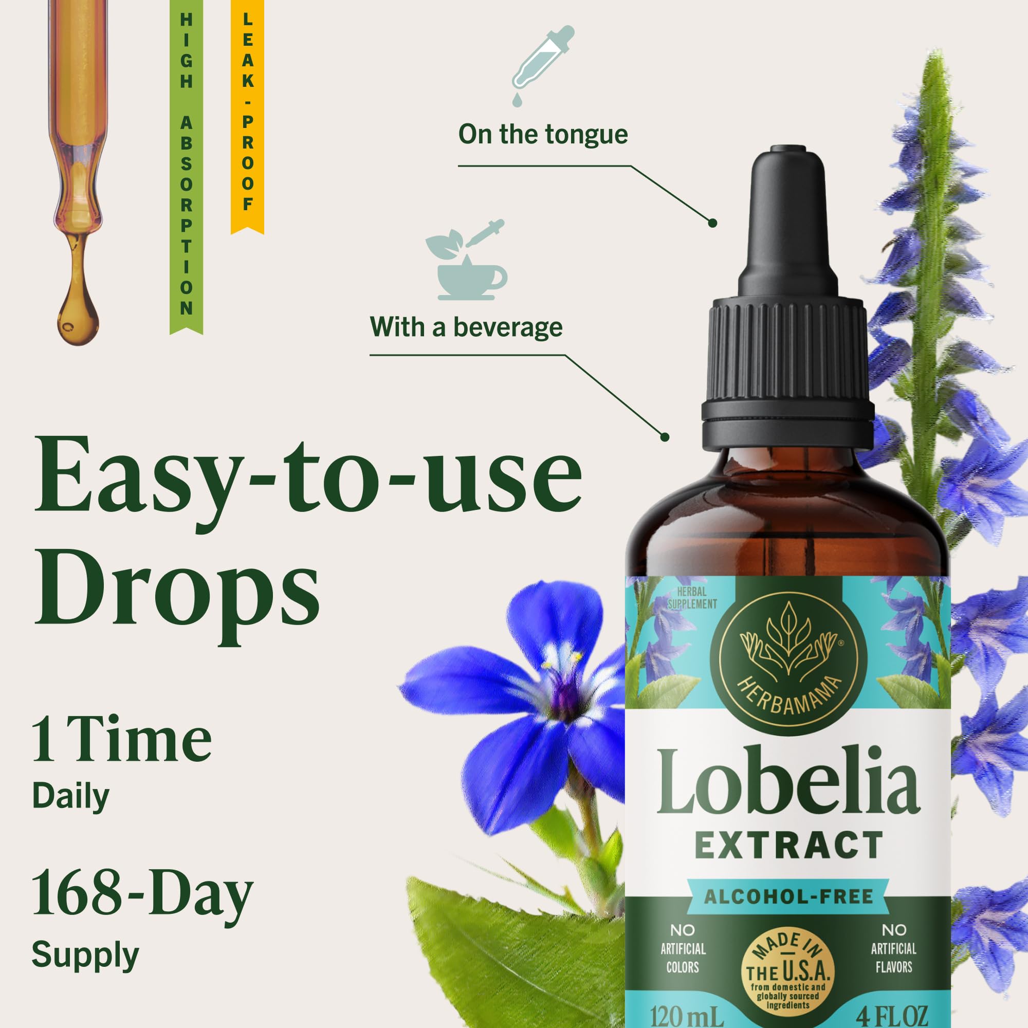 Glass bottle of Herbamama Lobelia tincture demonstrates purity.