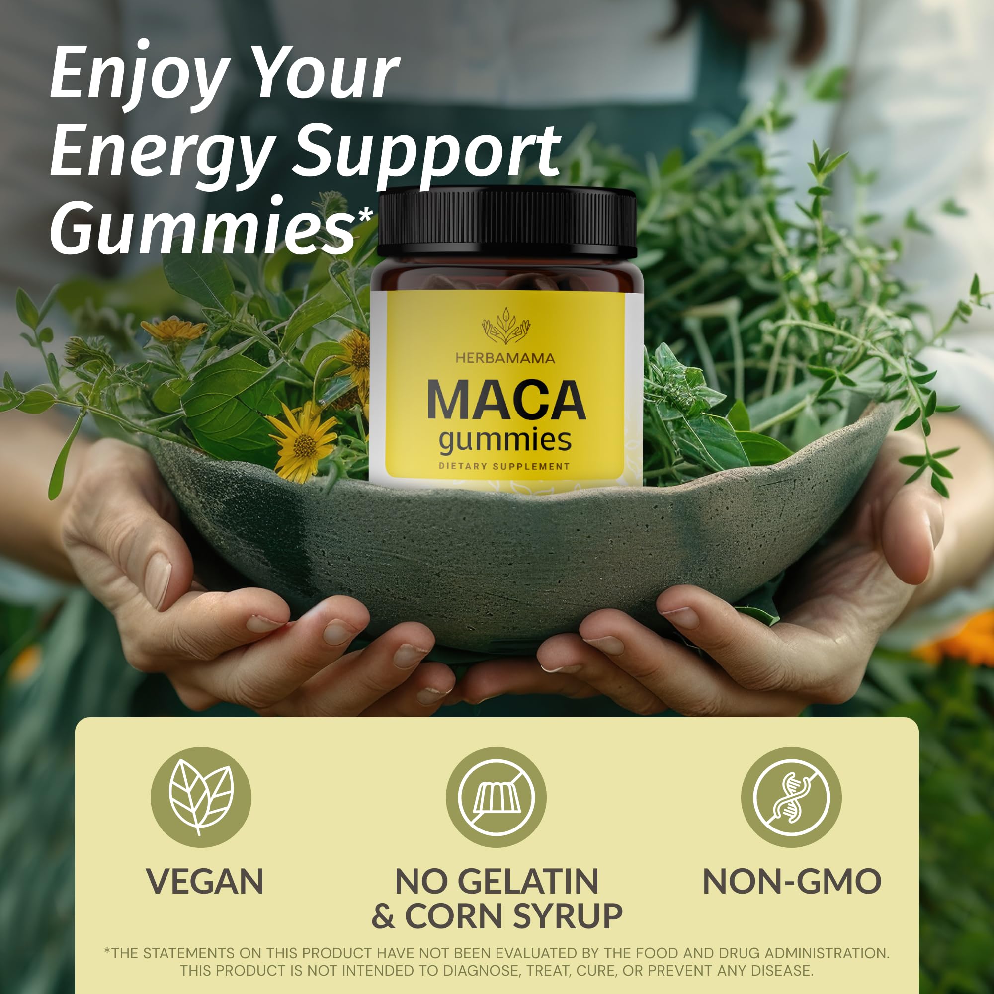 HERBAMAMA Maca Root Gummies banana flavor offers tasty, soft chews for on-the-go vitality.