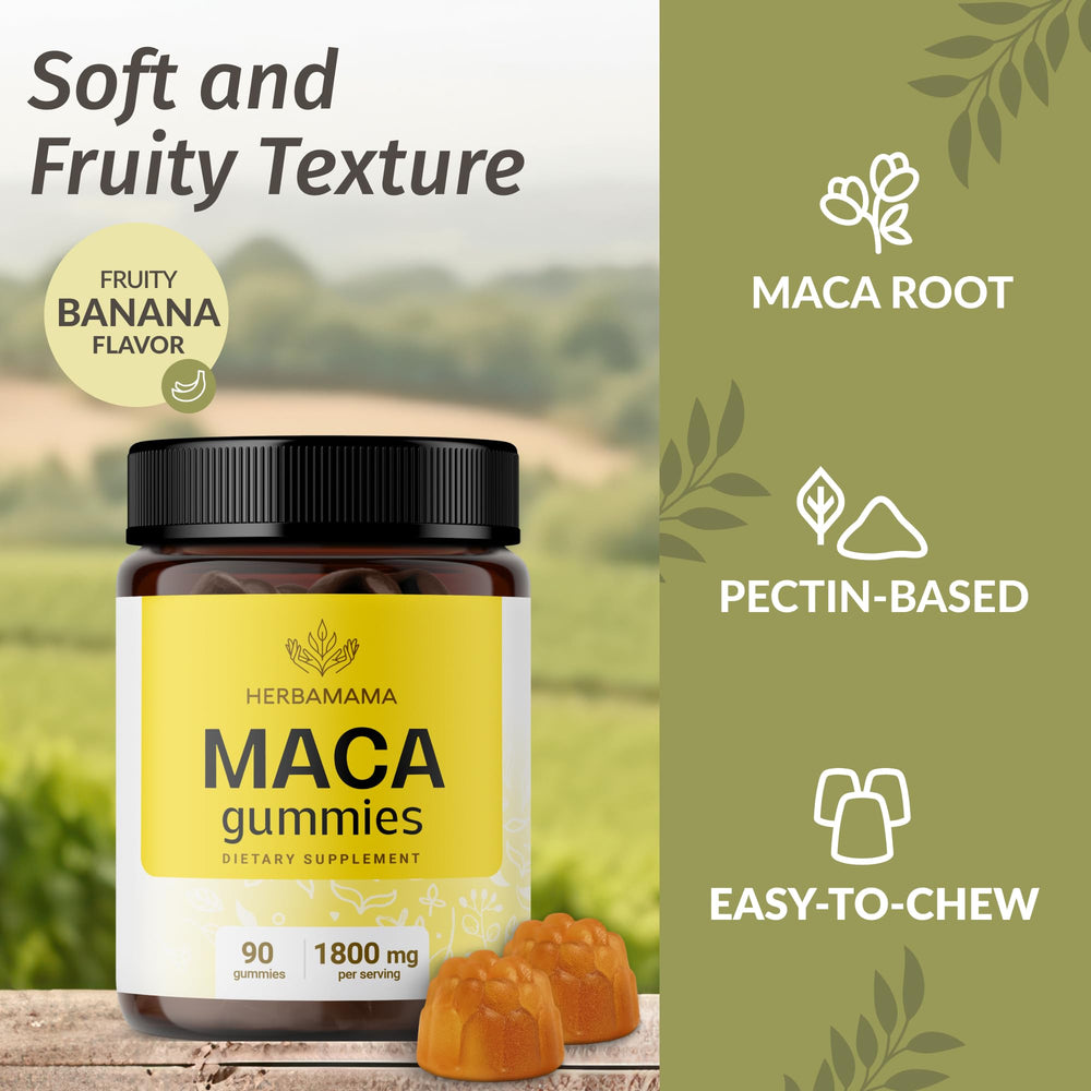 HERBAMAMA Maca Root Gummies on-the-go pack highlights a convenient energy boost during busy days.
