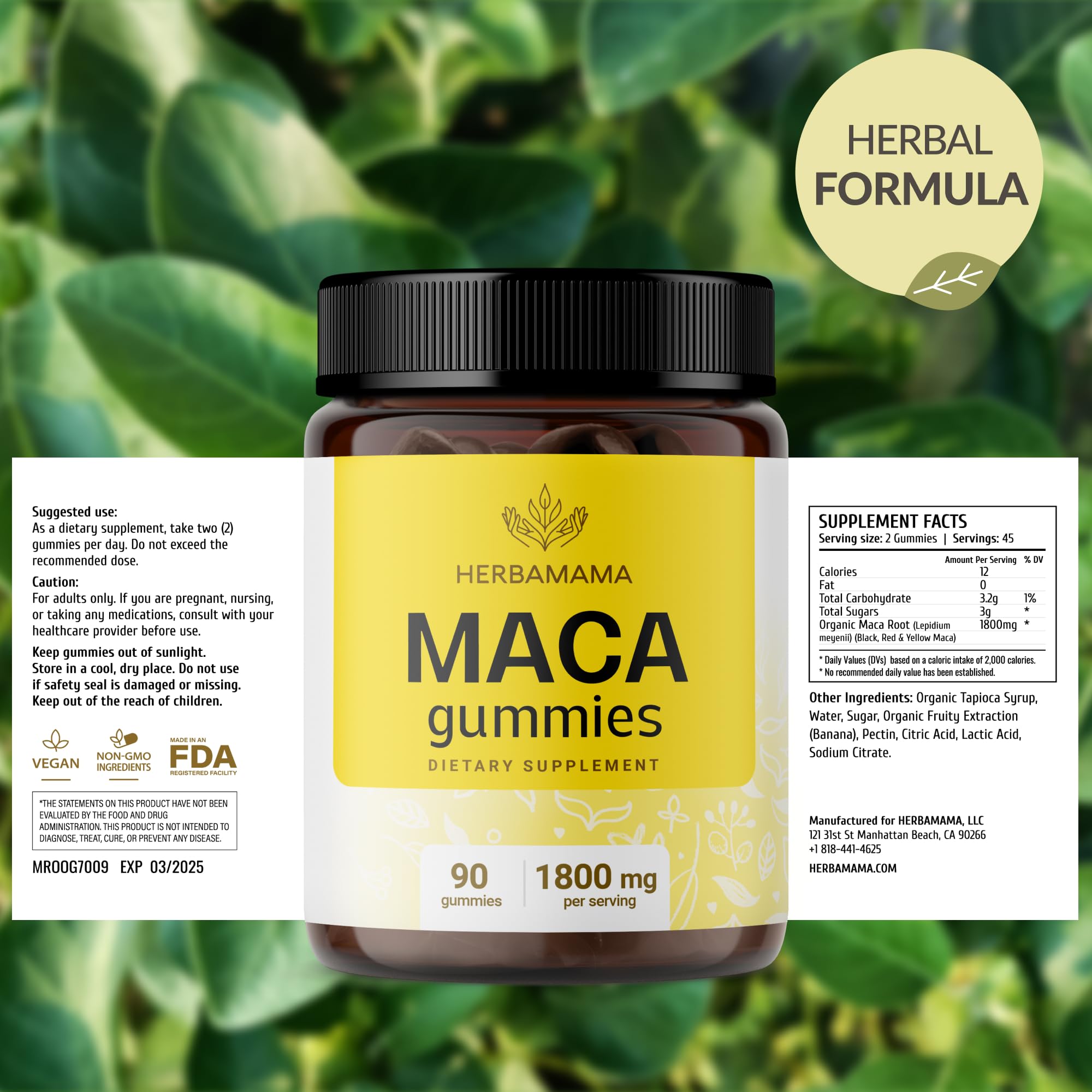 HERBAMAMA Maca Root Gummies packaging emphasizes a resealable bottle for freshness.