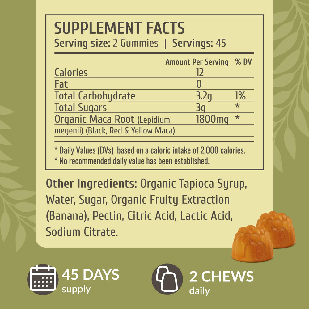 HERBAMAMA Maca Root Gummies close-up shows soft texture for easy chewing and digestion.
