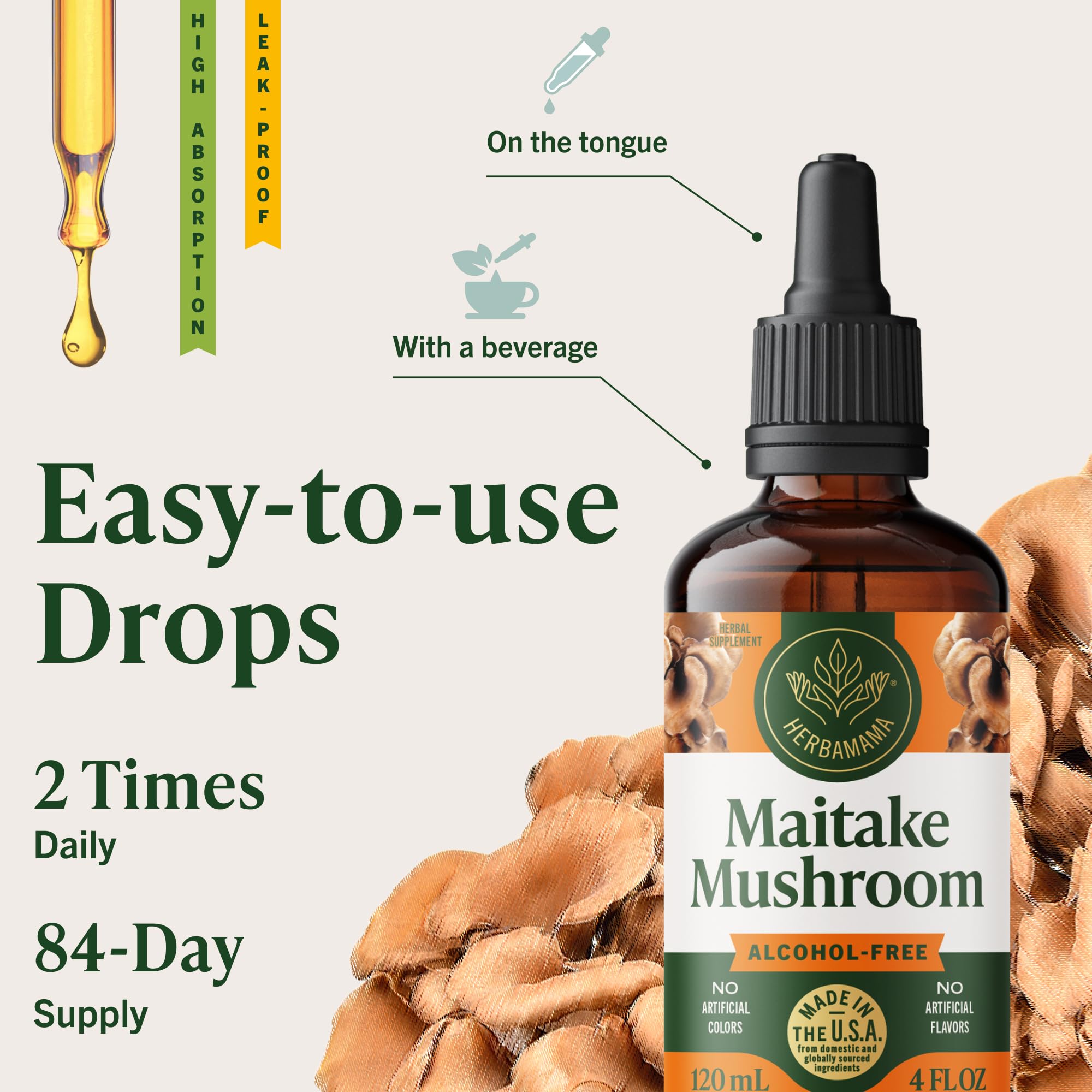 Morning kitchen scene with HERBAMAMA Maitake tincture on the counter
