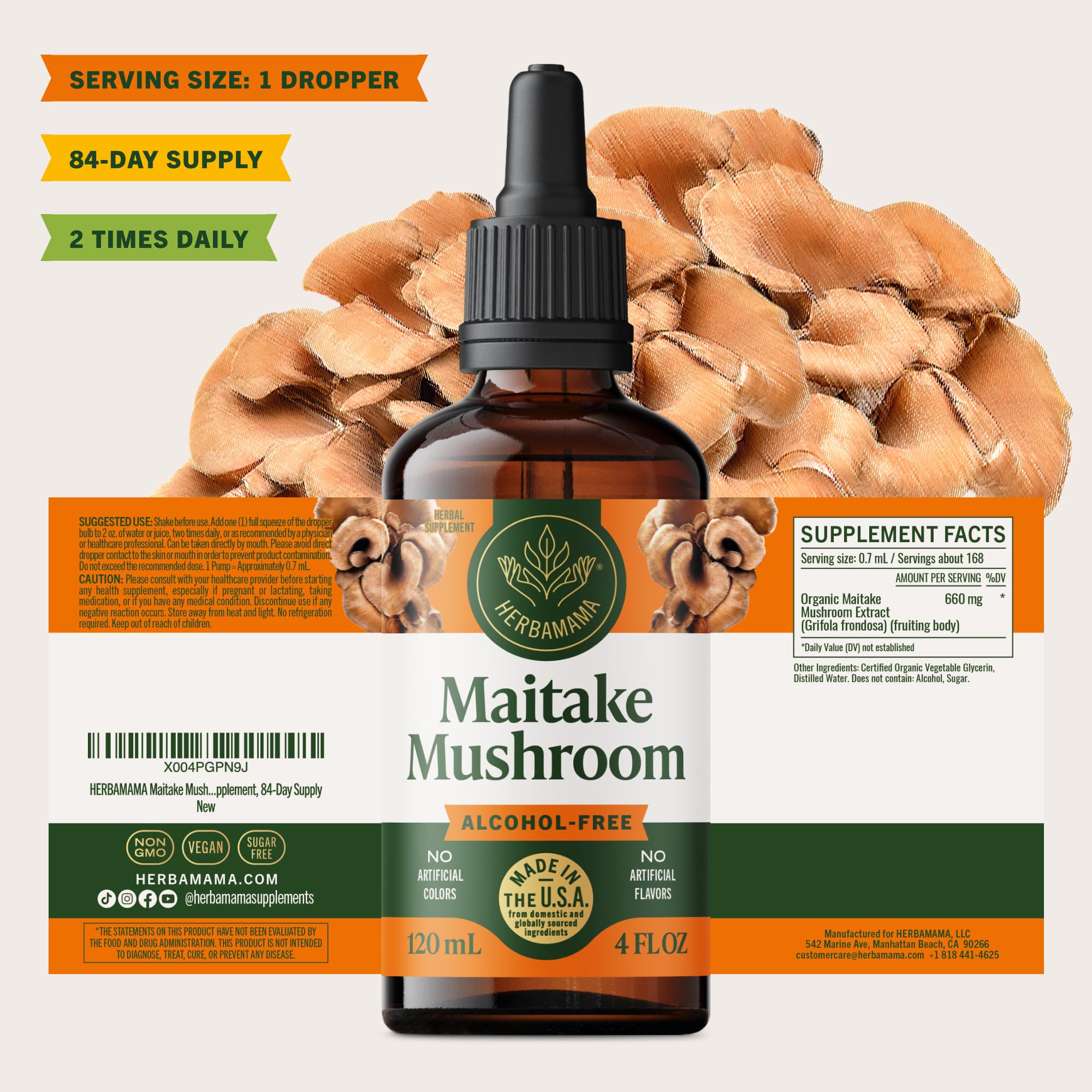 Packaging of HERBAMAMA Maitake tincture highlights vegan, non-GMO
