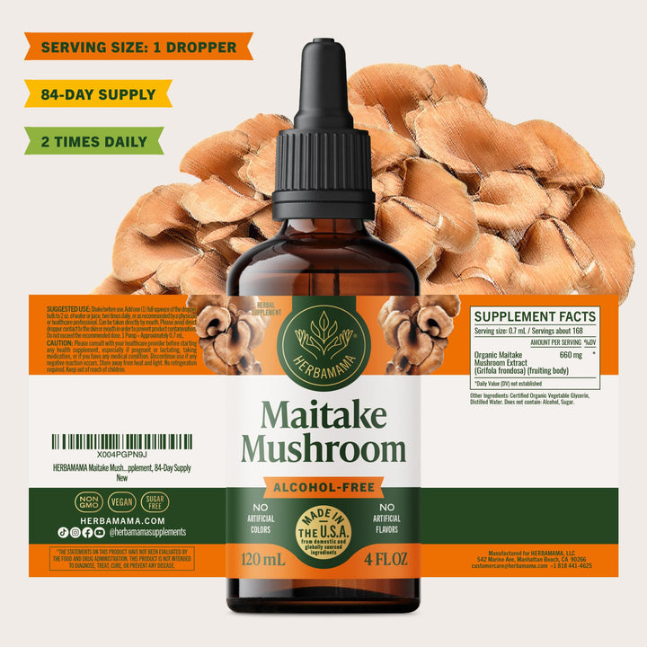 Packaging of HERBAMAMA Maitake tincture highlights vegan, non-GMO