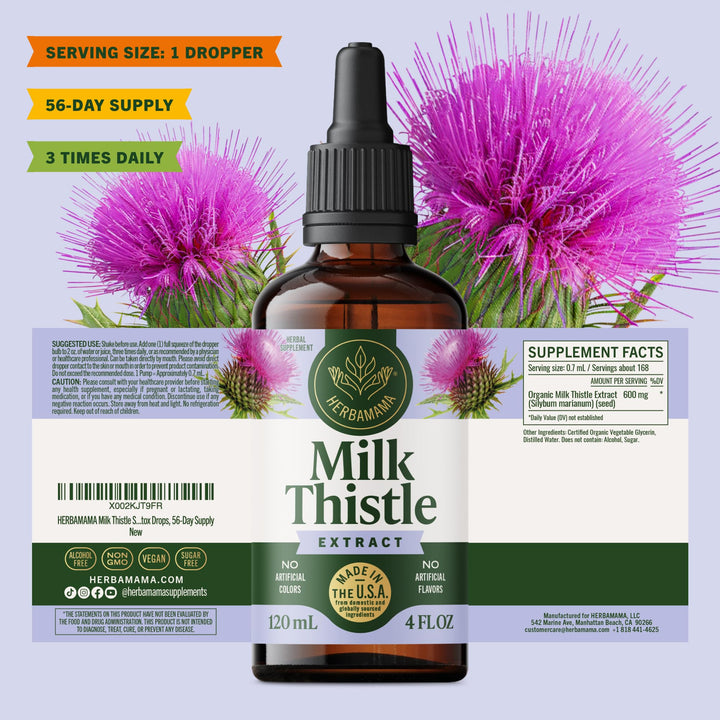 HERBAMAMA Milk Thistle bottle with daily routine setup for simple dosing.