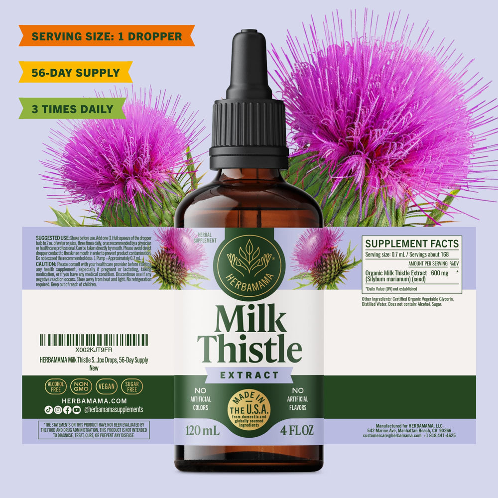 HERBAMAMA Milk Thistle bottle with daily routine setup for simple dosing.