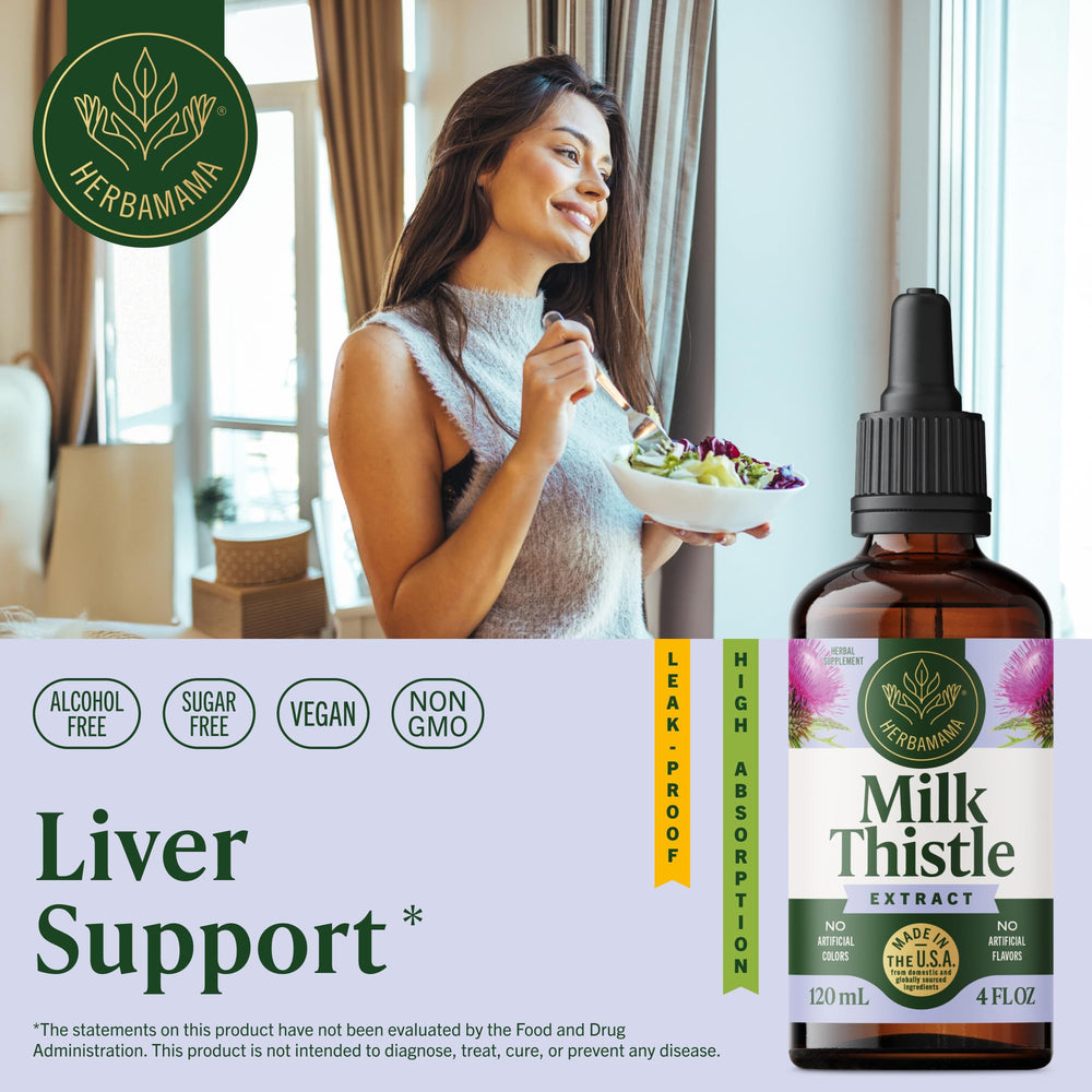 HERBAMAMA Milk Thistle dropper dispense allows precise alcohol-free dosing.