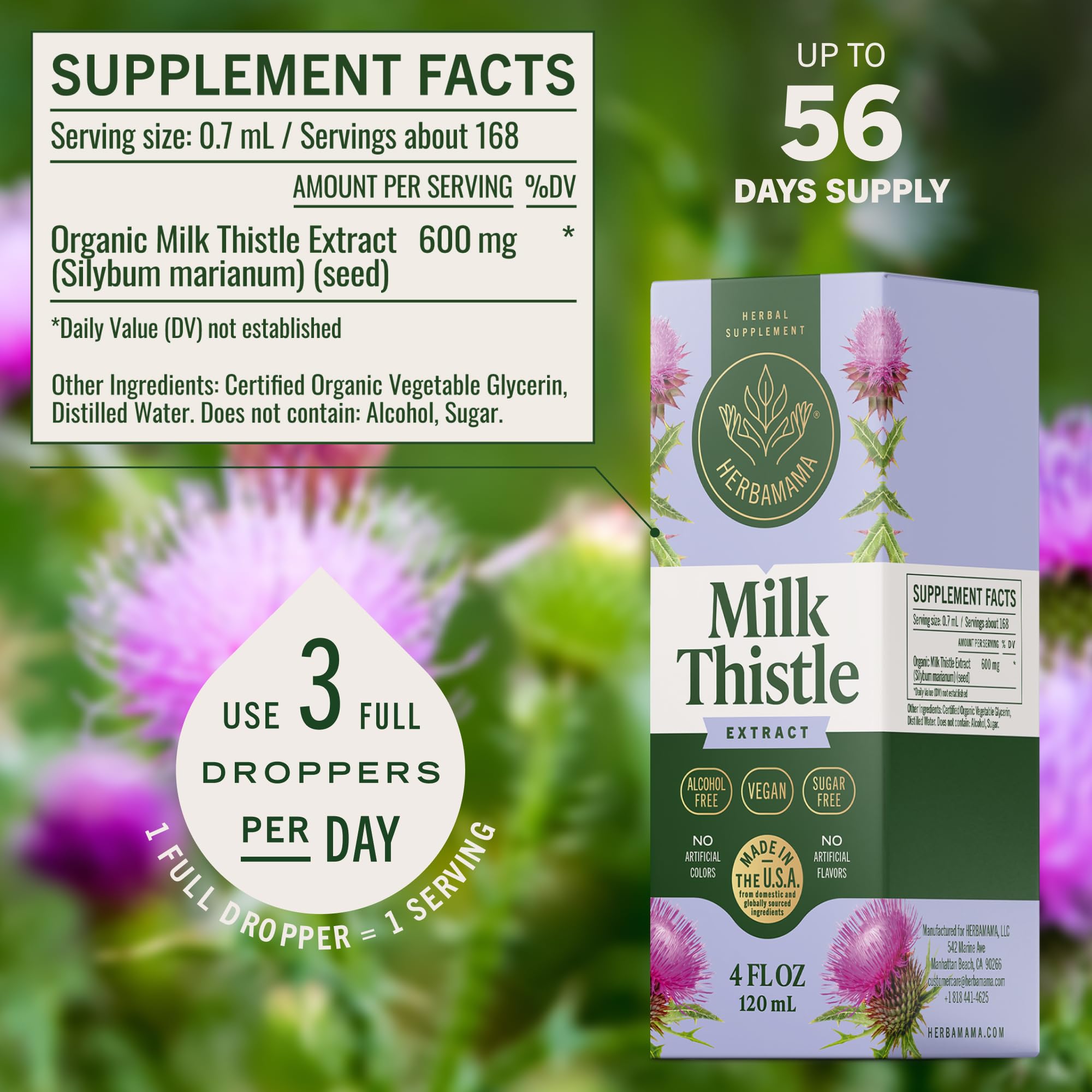 HERBAMAMA Milk Thistle drops in water for easy daily routine integration.