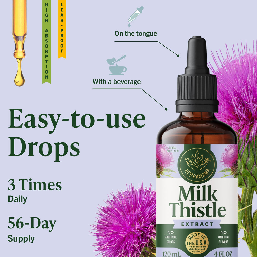 HERBAMAMA Milk Thistle non-GMO badge emphasizes product integrity.