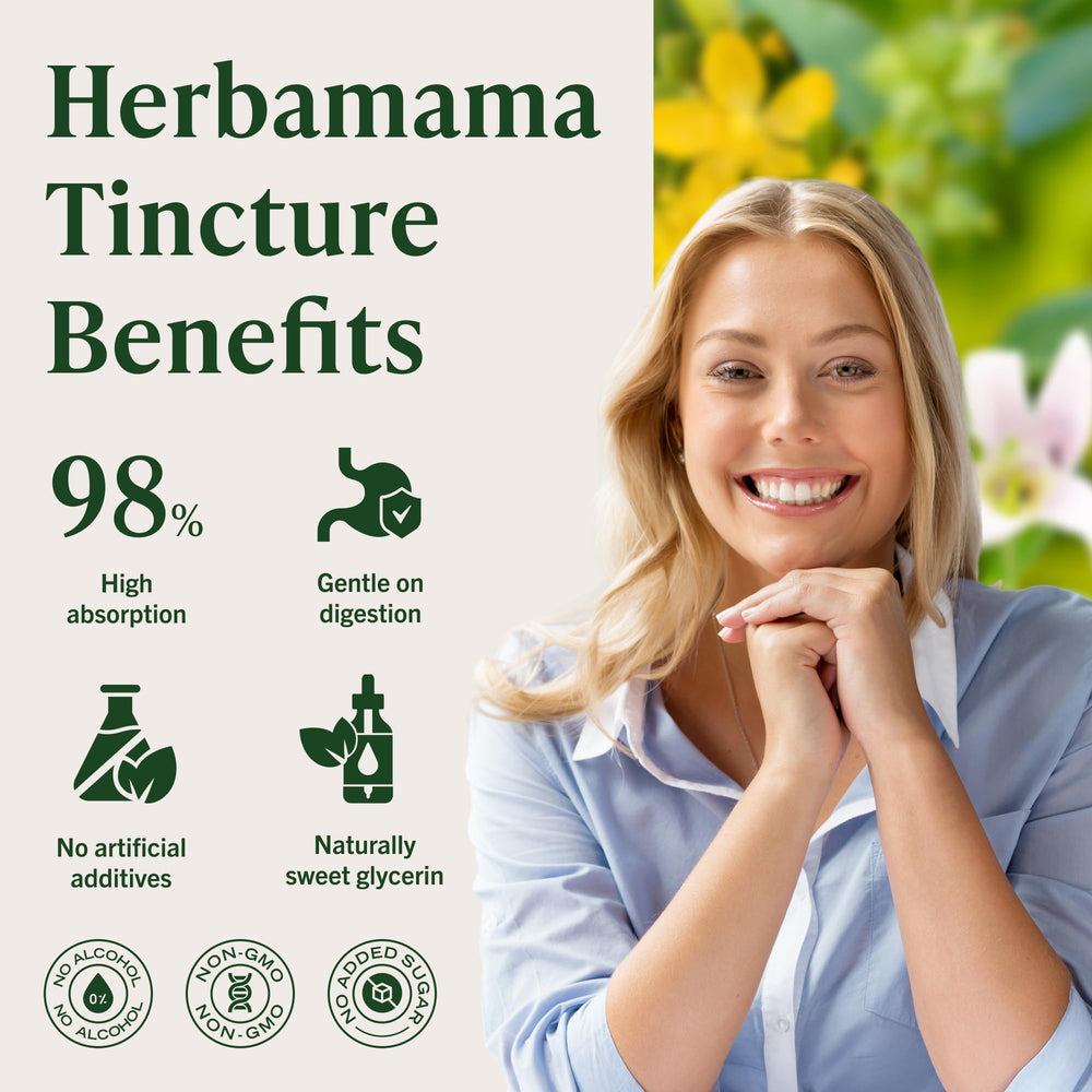 HERBAMAMA Mood Support bottle close-up, smooth, alcohol-free tincture