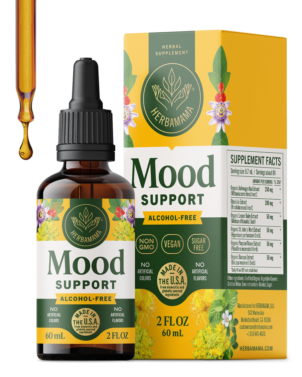 HERBAMAMA Mood Support bottle front, vegan tincture for daily calm support