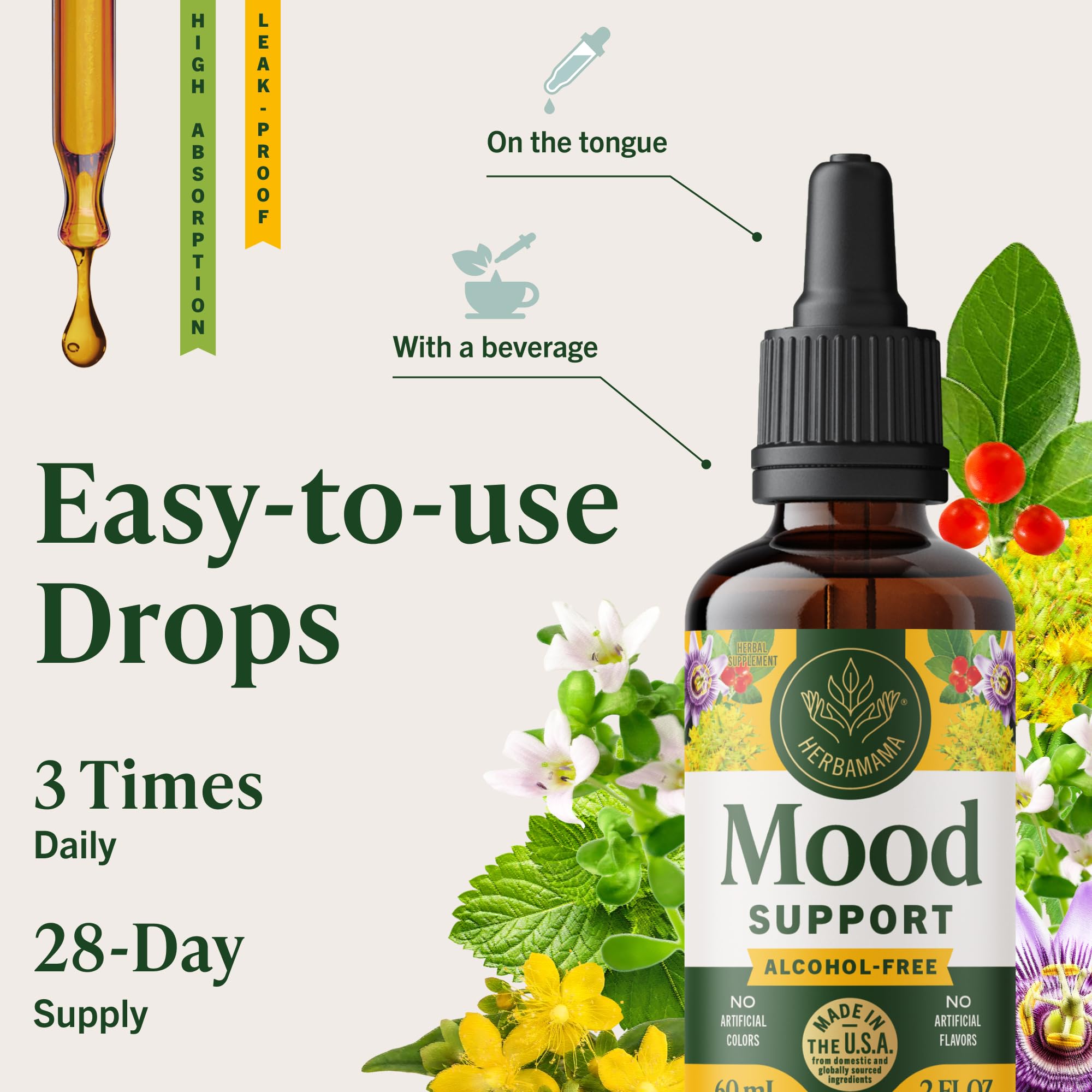 HERBAMAMA Mood Support drops under tongue, convenient dosing