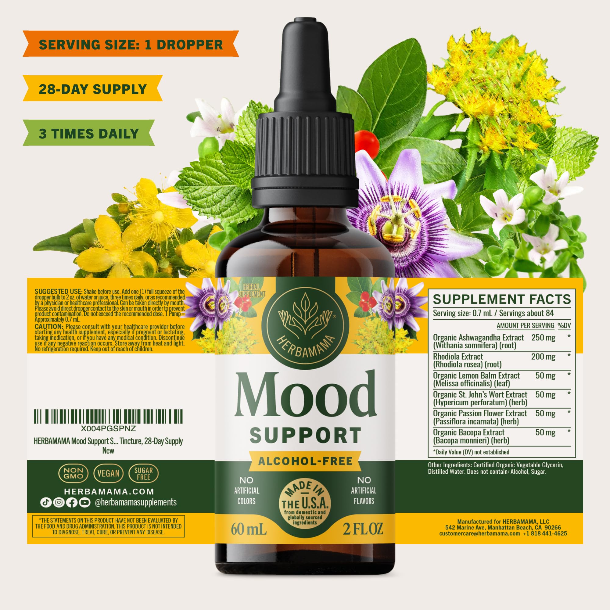 HERBAMAMA Mood Support label details, glycerin-based vegan formula
