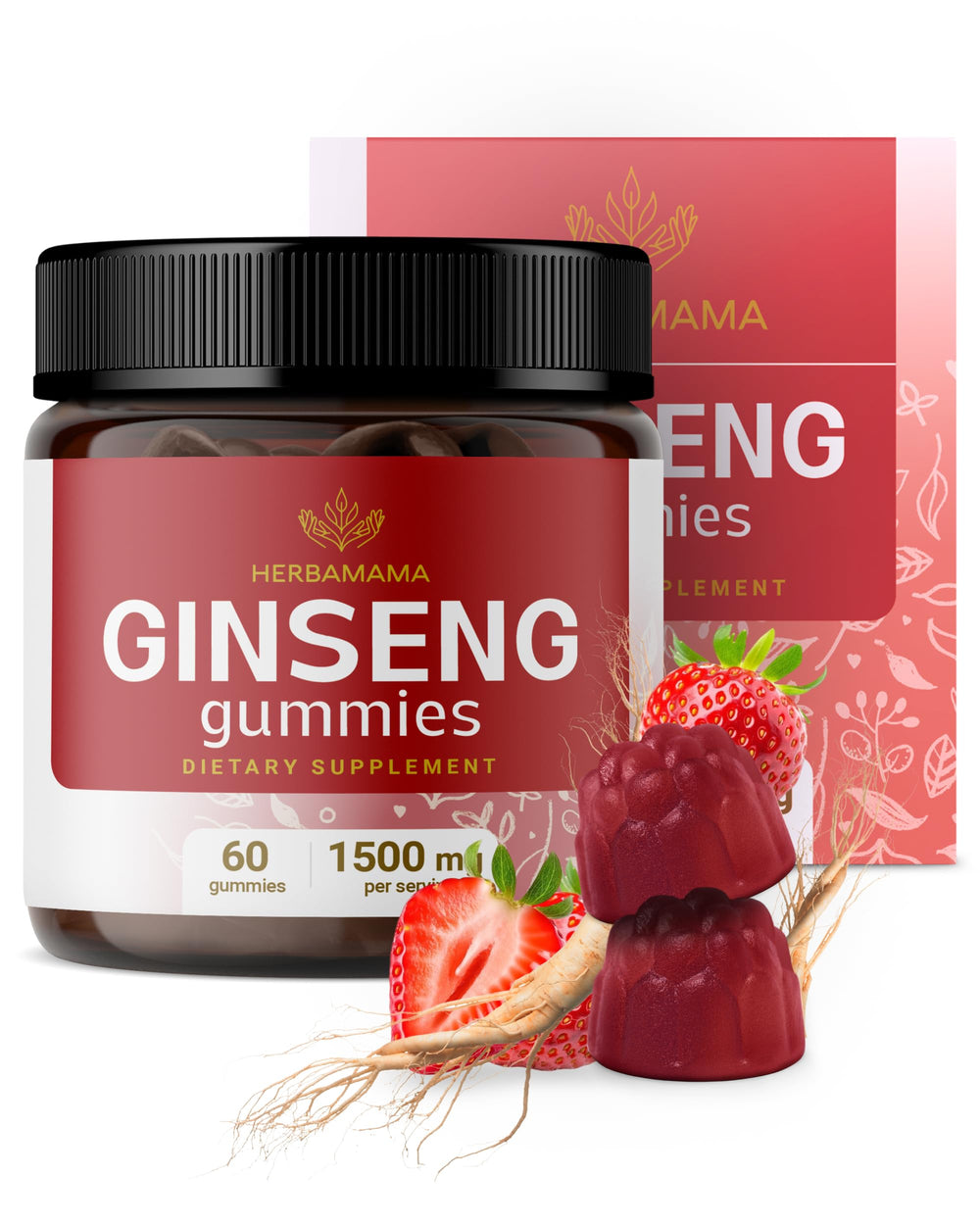 HERBAMAMA Panax Ginseng gummies bottle front for easy energy on the go.