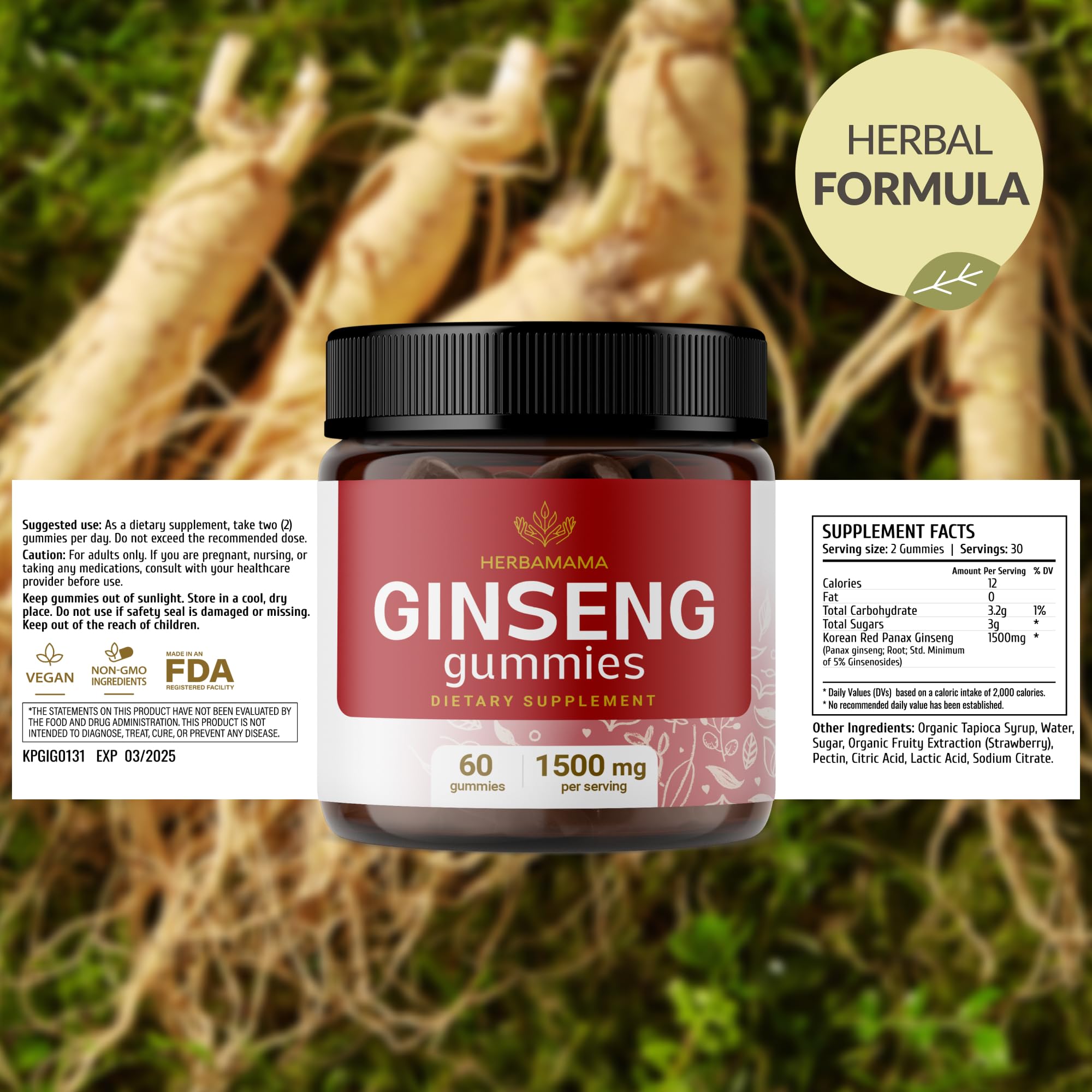 HERBAMAMA Panax Ginseng gummies ingredients panel emphasizes pectin-based formula.