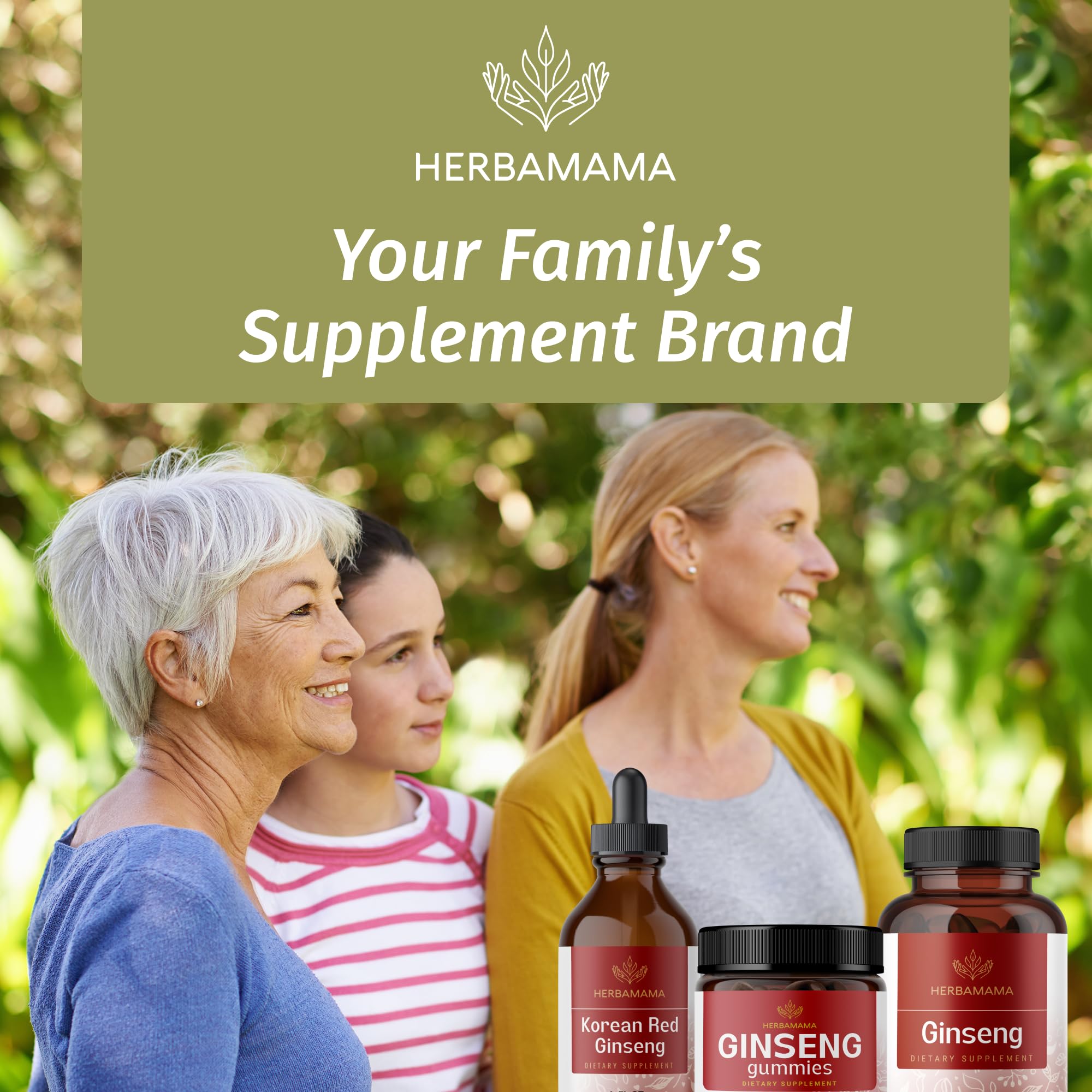 HERBAMAMA Panax Ginseng gummies pantry shot ready for a daily energy routine.