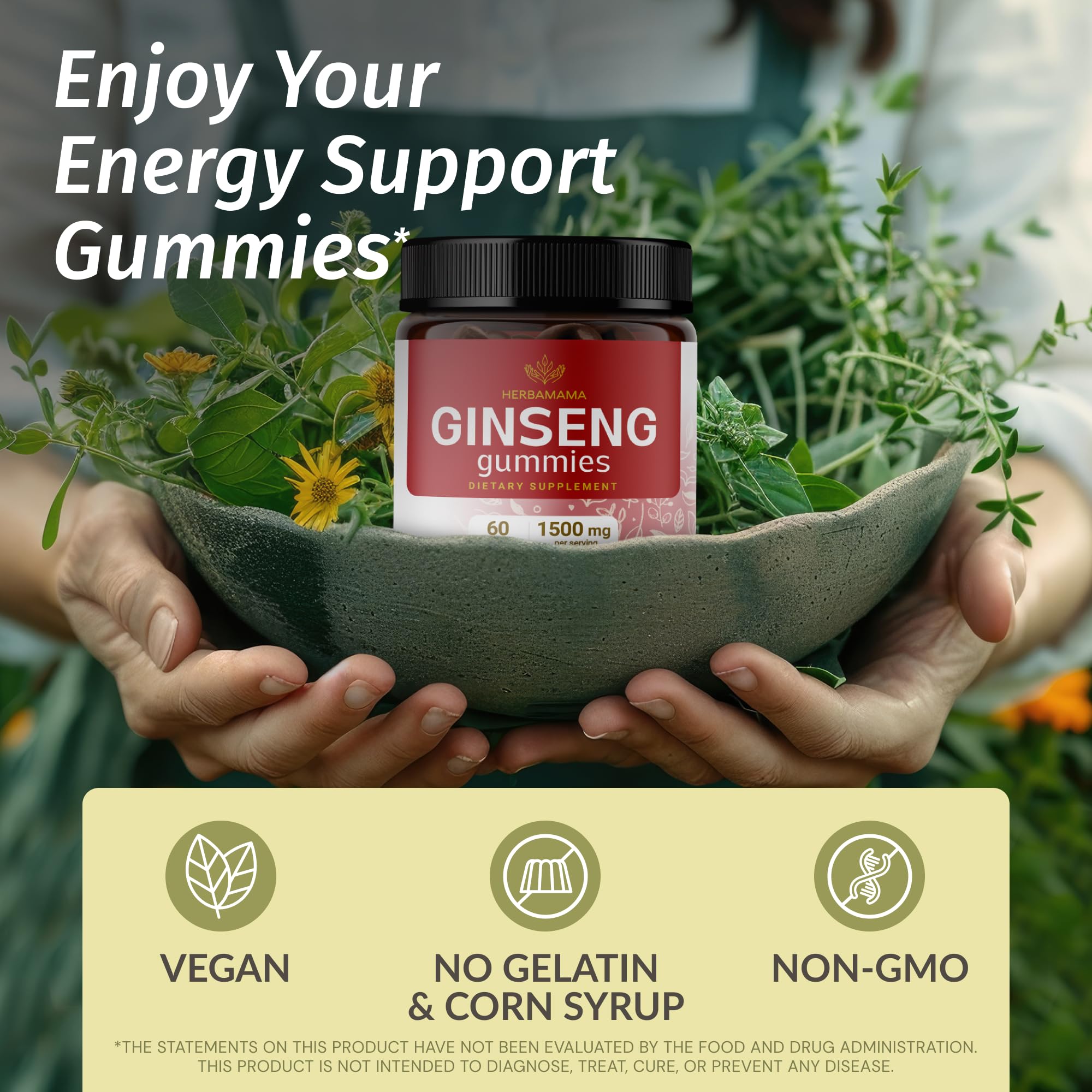 HERBAMAMA Panax Ginseng gummies close-up shows soft texture and fruity strawberry flavor.