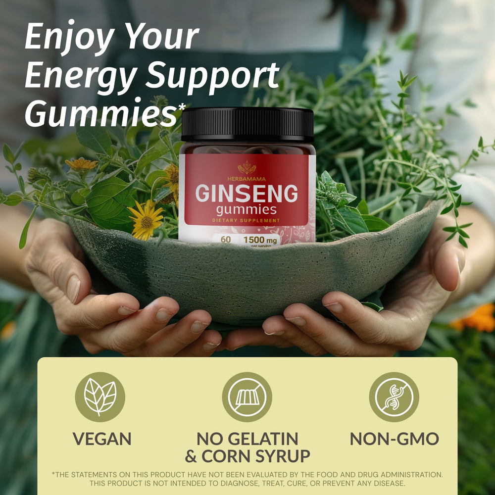 HERBAMAMA Panax Ginseng gummies close-up shows soft texture and fruity strawberry flavor.