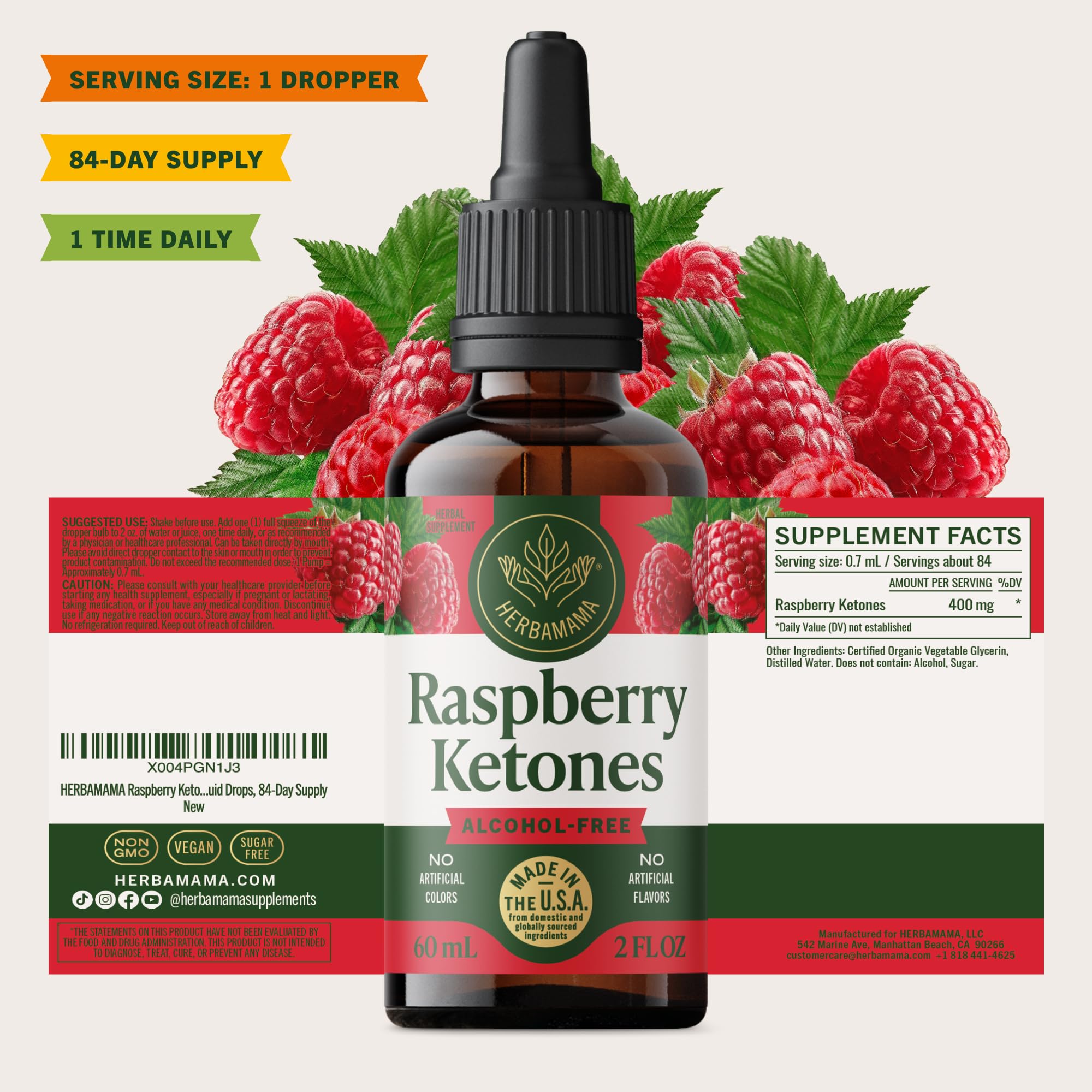 Herbamama Raspberry Ketones dropper ready for quick absorption daily use.