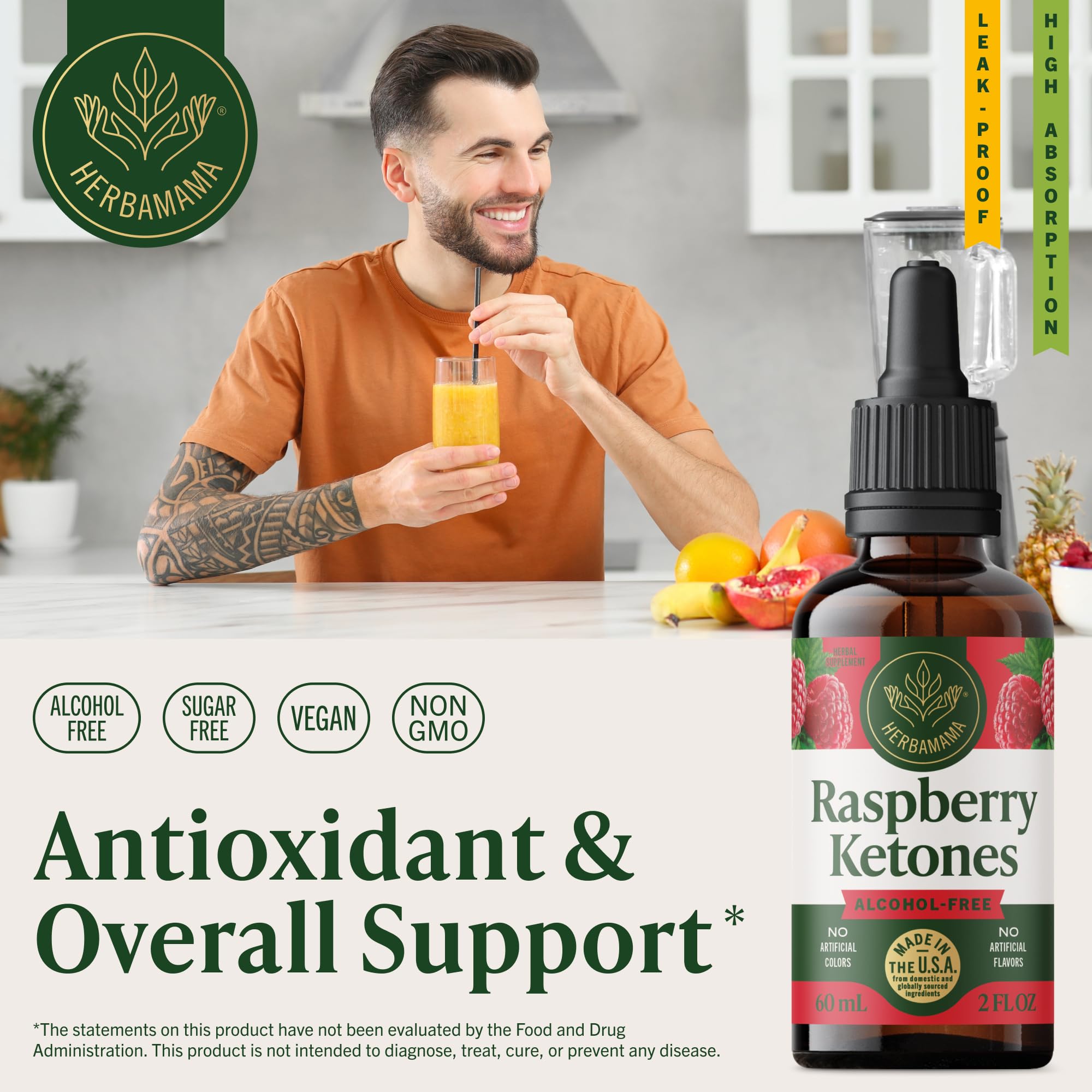 Herbamama Raspberry Ketones dropper ready for fast, easy dosing.