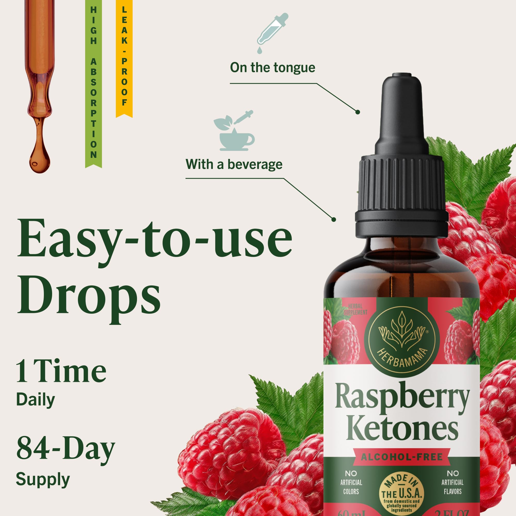 Herbamama Raspberry Ketones label emphasizes non-GMO and alcohol-free branding.