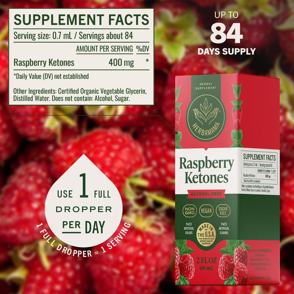 Herbamama Raspberry Ketones tincture in water shows convenient daily intake.