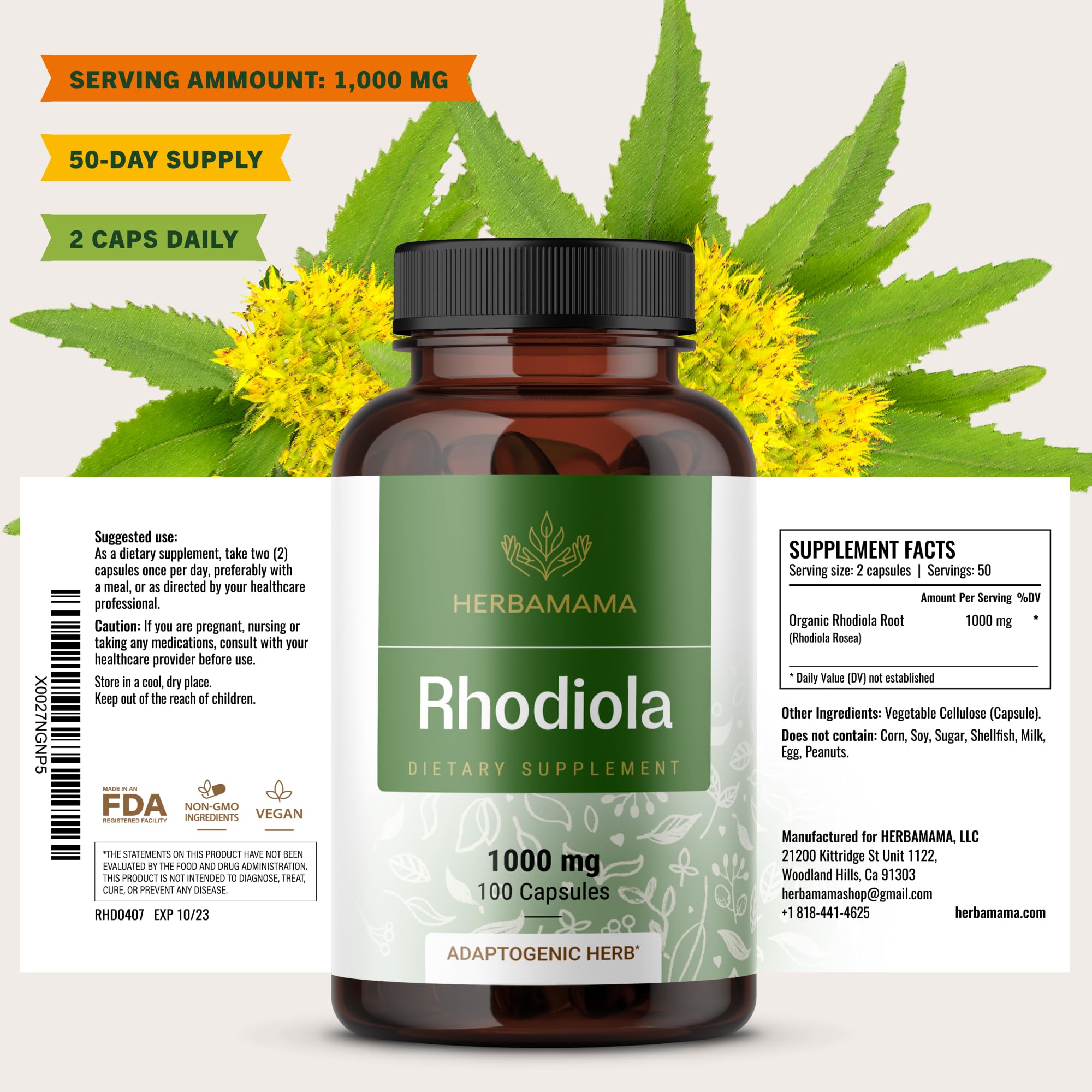 HERBAMAMA Rhodiola bottle on shelf conveys calm everyday wellness