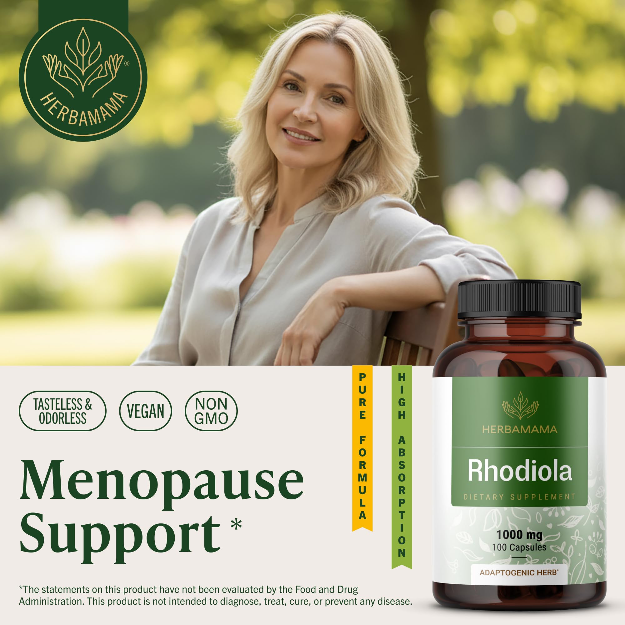 HERBAMAMA Rhodiola capsules closeup highlighting high-potency per serving
