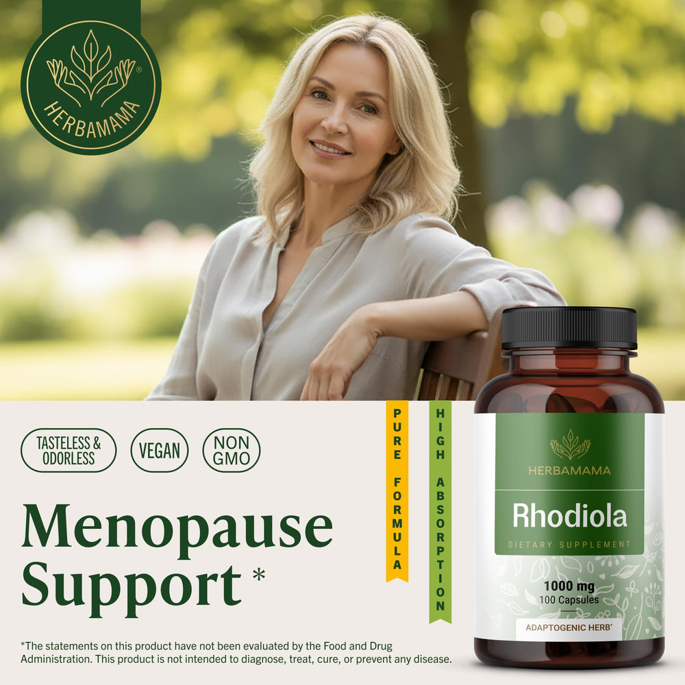 HERBAMAMA Rhodiola capsules closeup highlighting high-potency per serving