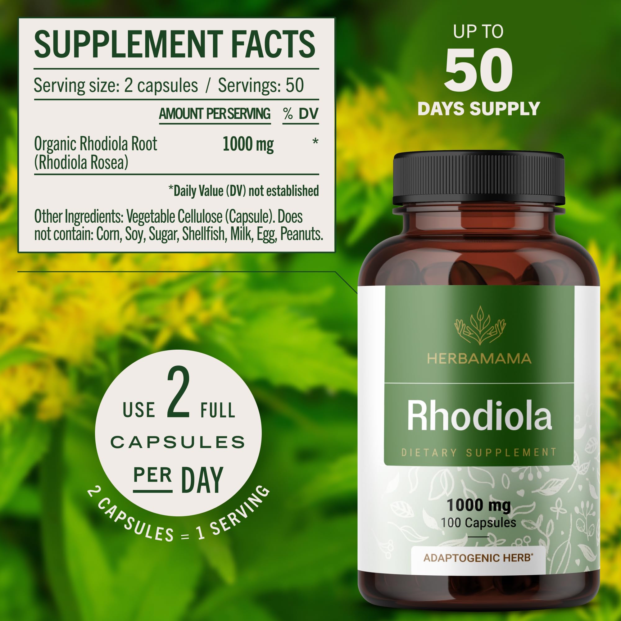 HERBAMAMA Rhodiola Rosea label front shows vegan non-GMO credentials