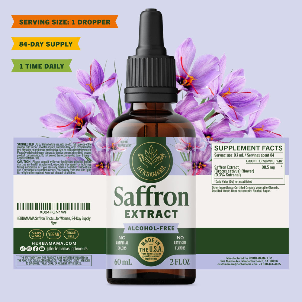 84-day supply labeling on HERBAMAMA saffron tincture signaling long-term use potential.