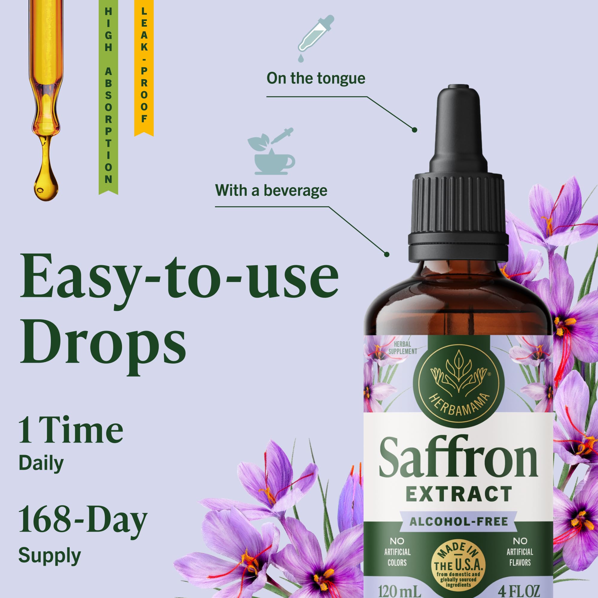 Amber bottle of Herbamama saffron tincture on a clean surface