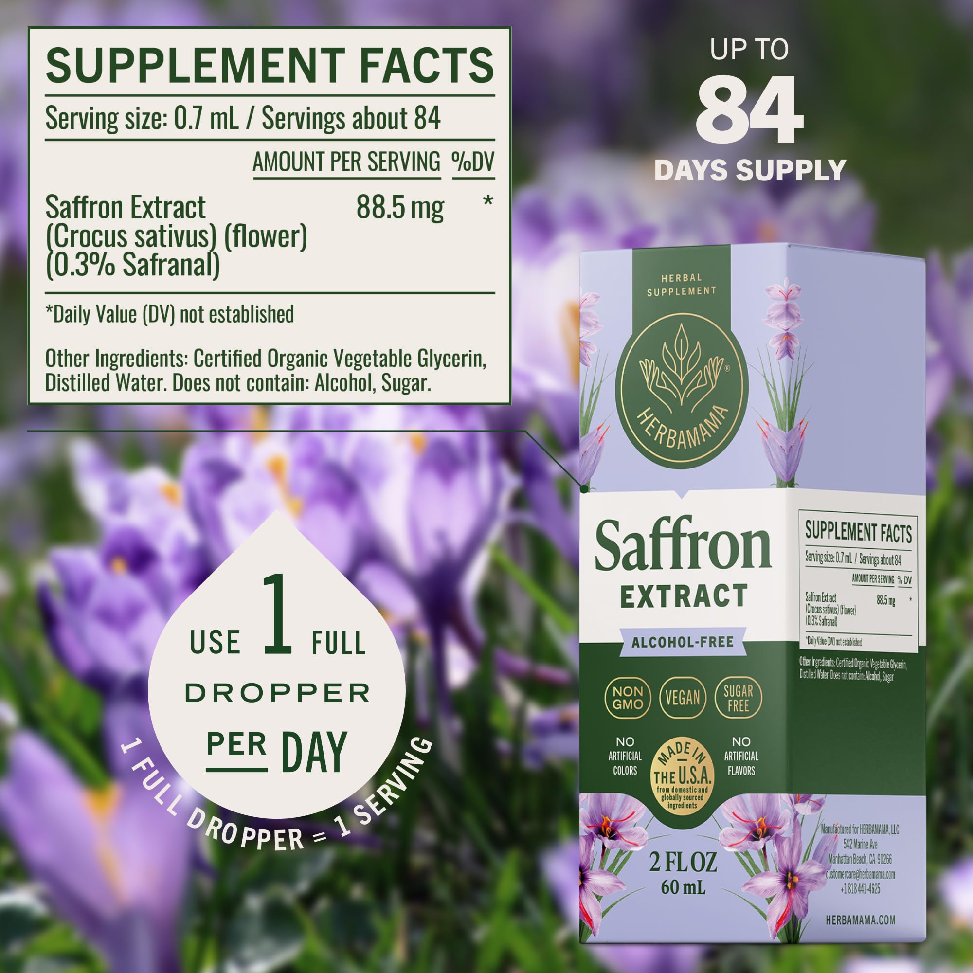 Close-up of HERBAMAMA saffron tincture dropper showing convenience and fast absorption.