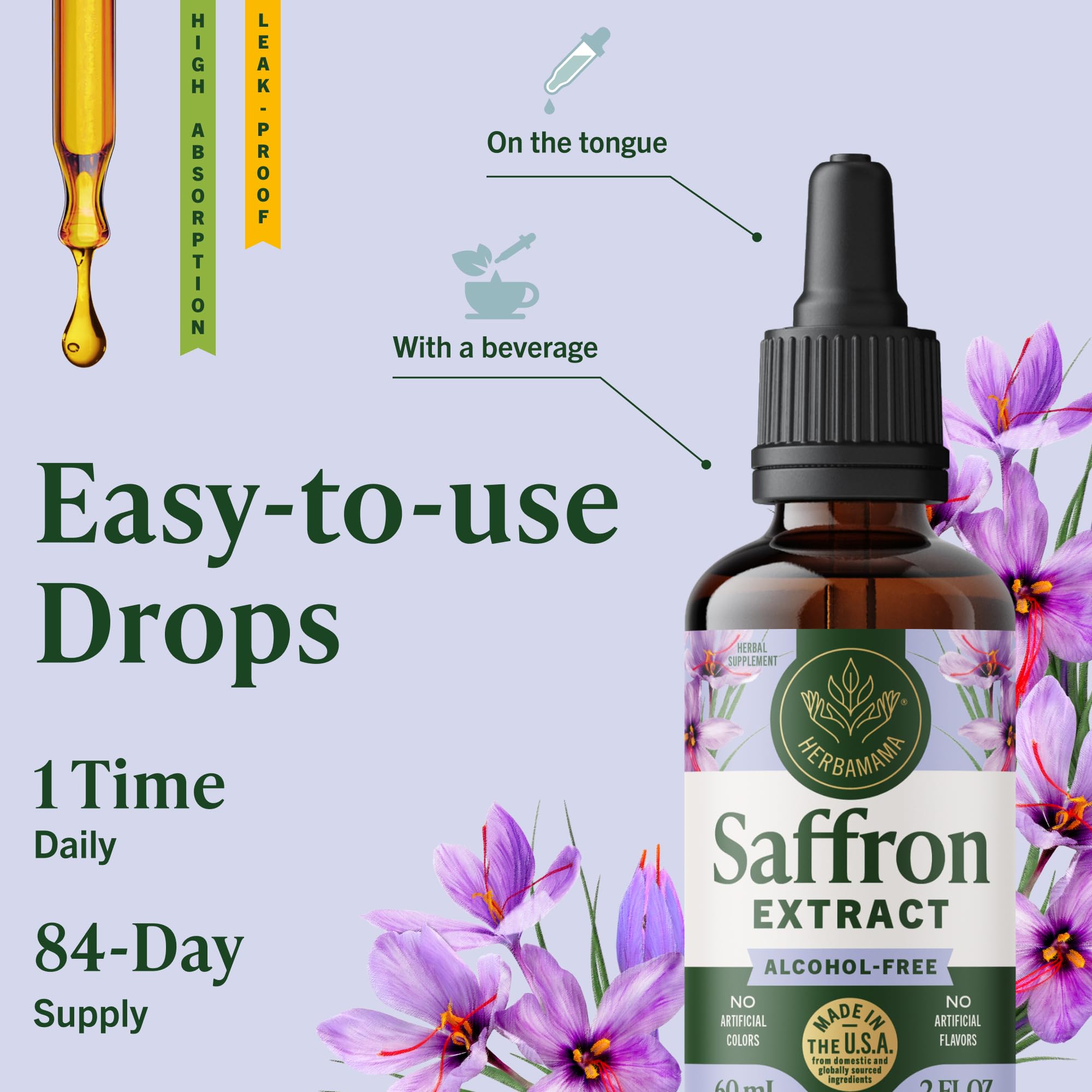 Drops in water scene with HERBAMAMA saffron tincture for simple daily intake.