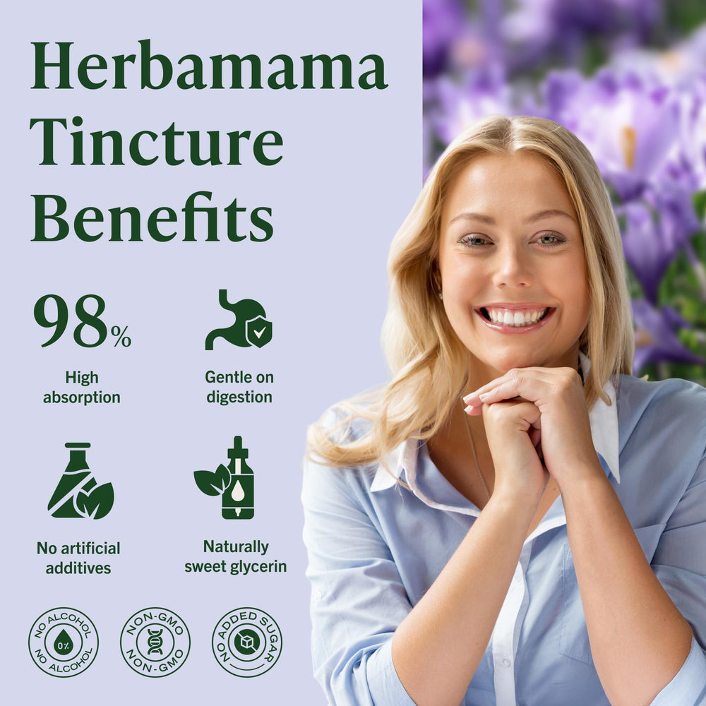 Ingredients panel on HERBAMAMA saffron tincture confirms saffron, glycerin, and distilled water.