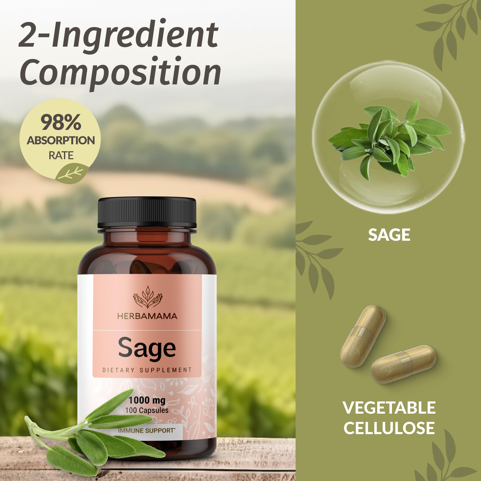 HERBAMAMA Sage capsules label close-up showing vegan formula