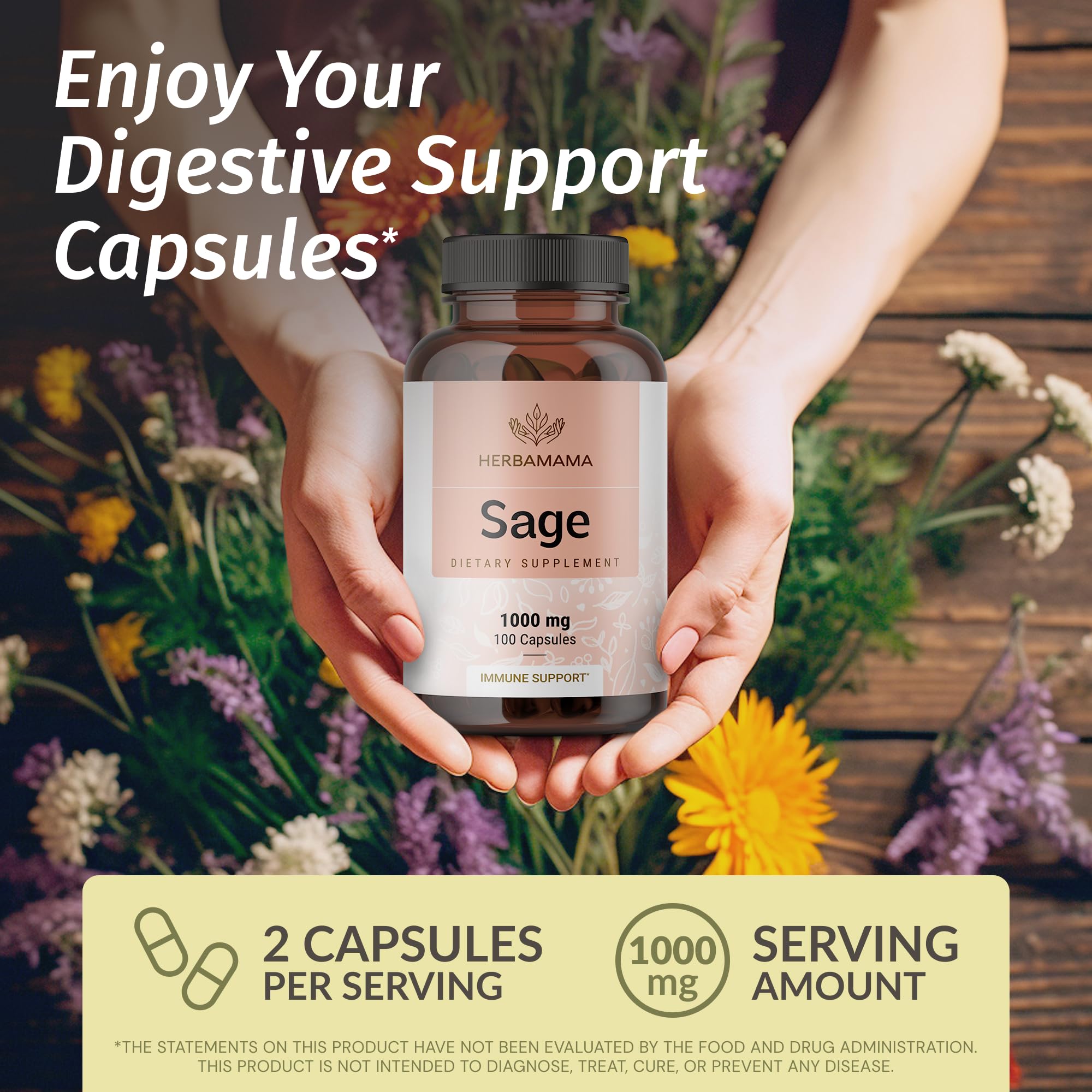 HERBAMAMA Sage capsules being poured for easy daily routine